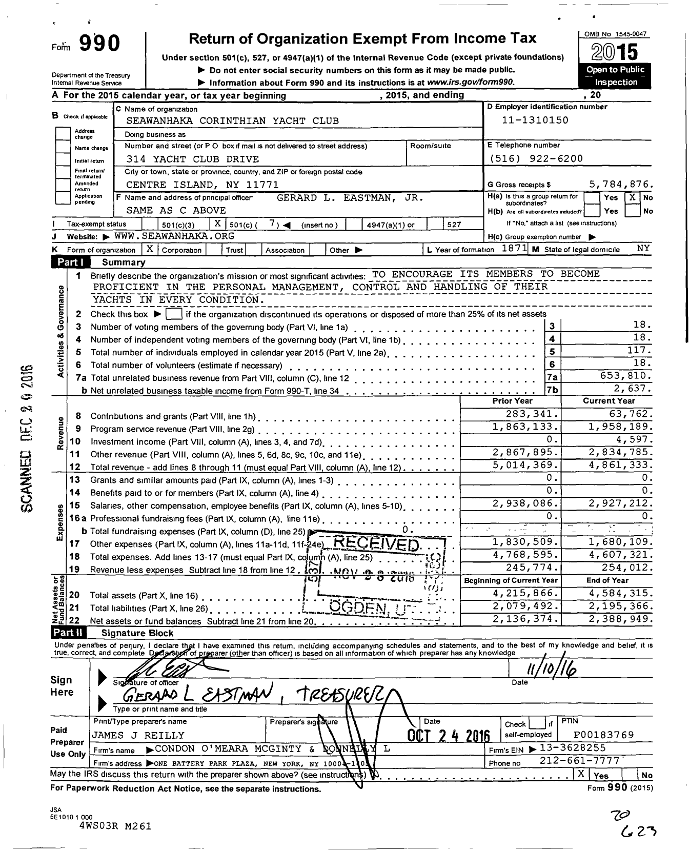 Image of first page of 2015 Form 990O for Seawanhaka Corinthian Yacht Club