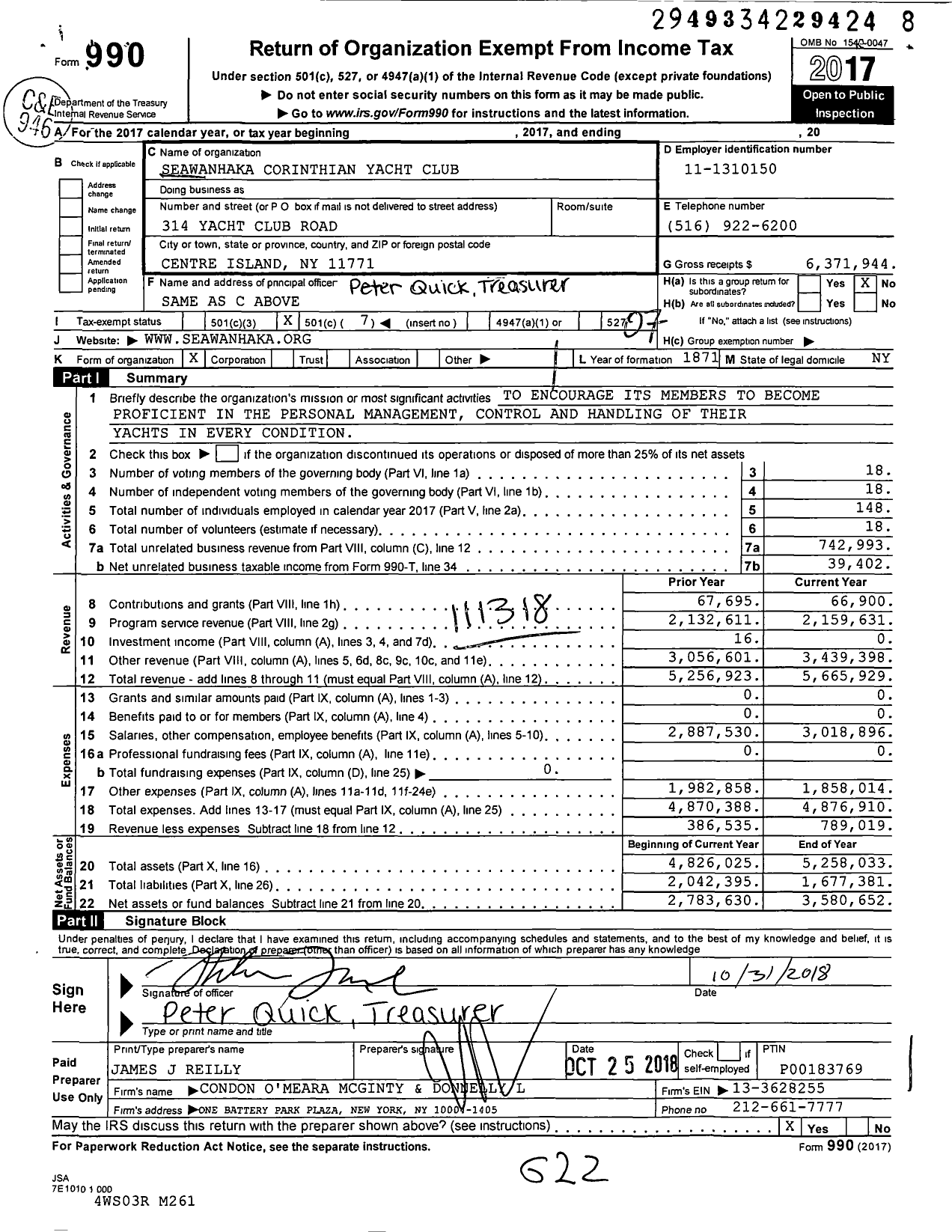 Image of first page of 2017 Form 990O for Seawanhaka Corinthian Yacht Club