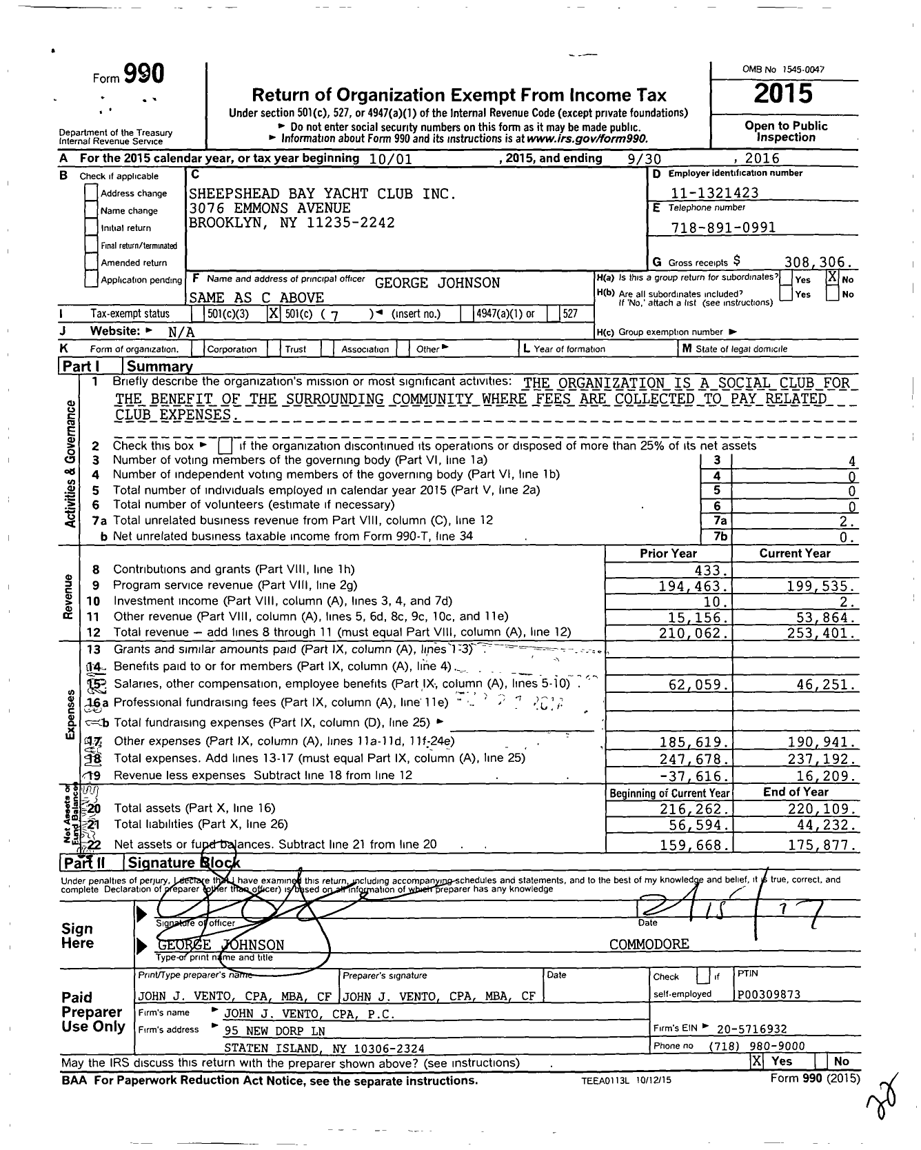 Image of first page of 2015 Form 990O for Sheepshead Bay Yacht Club