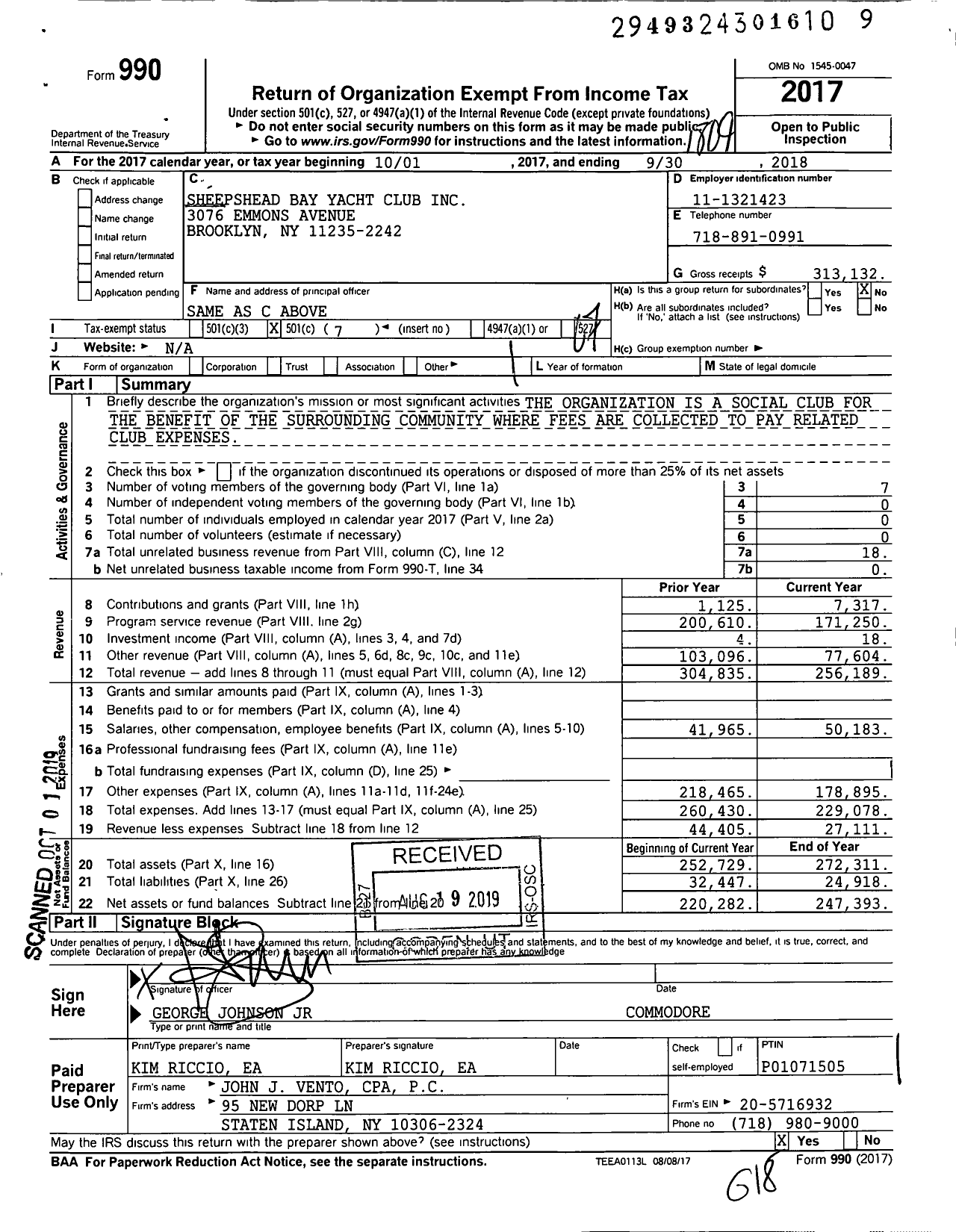 Image of first page of 2017 Form 990O for Sheepshead Bay Yacht Club