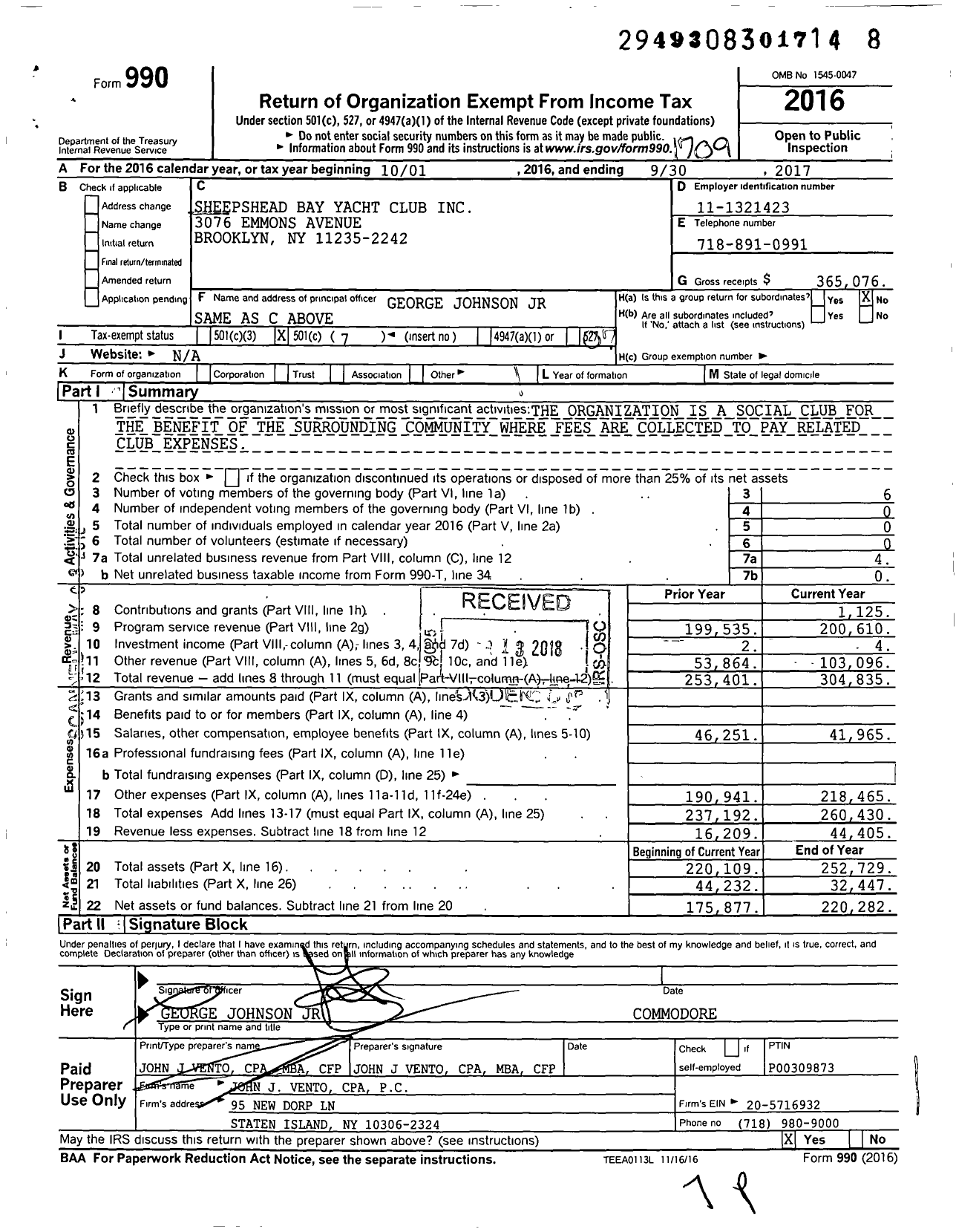 Image of first page of 2016 Form 990O for Sheepshead Bay Yacht Club