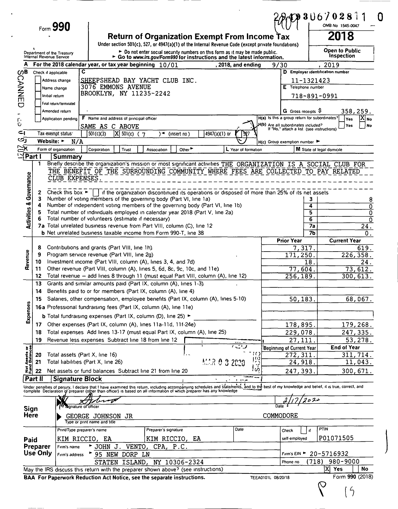 Image of first page of 2018 Form 990O for Sheepshead Bay Yacht Club