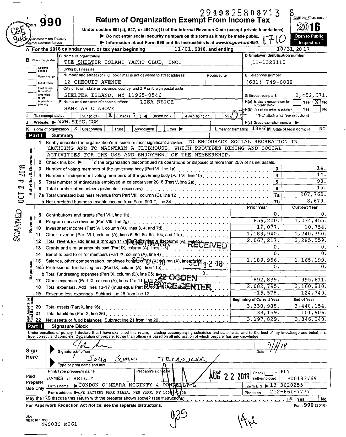 Image of first page of 2016 Form 990O for The Shelter Island Yacht Club