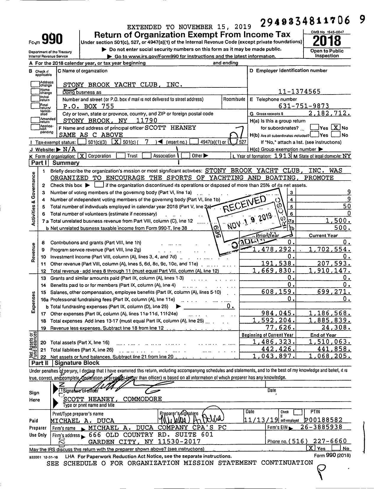 Image of first page of 2018 Form 990O for Stony Brook Yacht Club