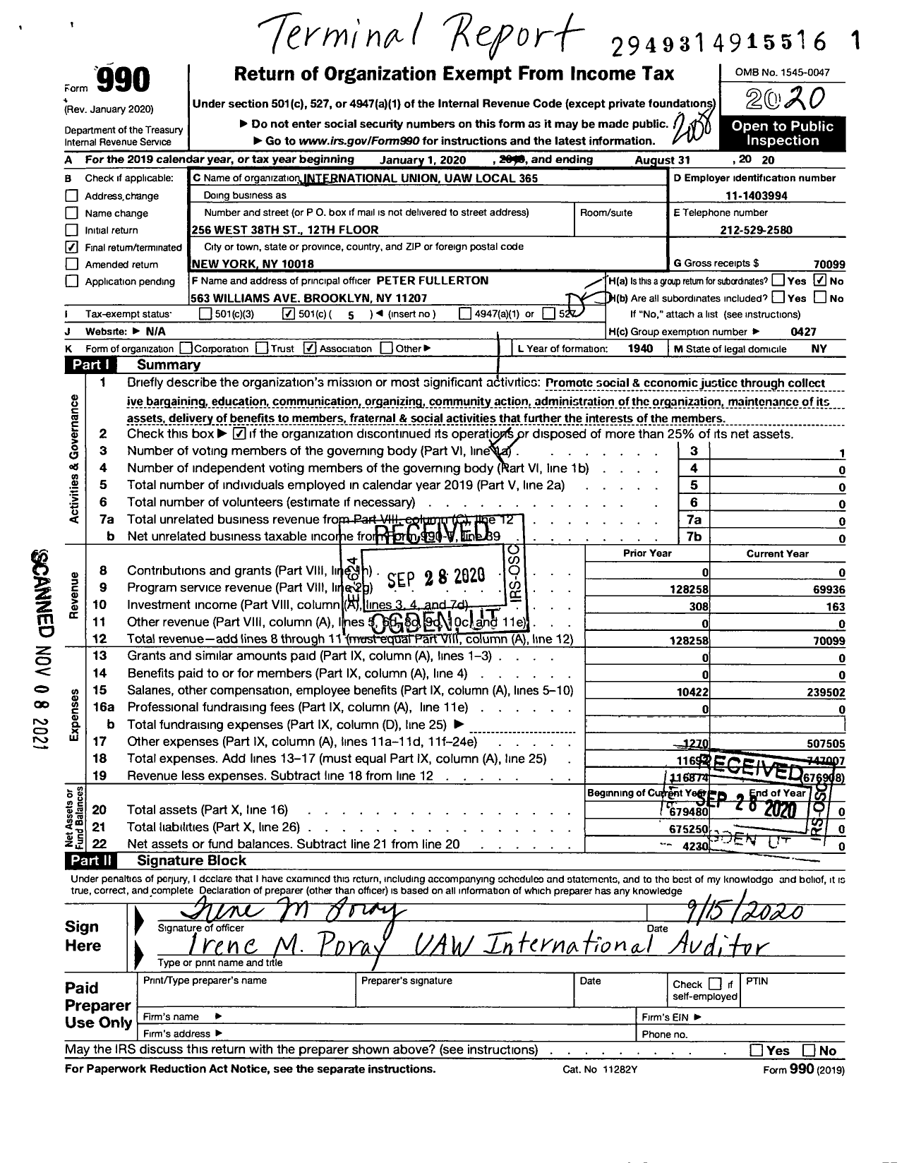 Image of first page of 2019 Form 990O for International Union Uaw Local 365