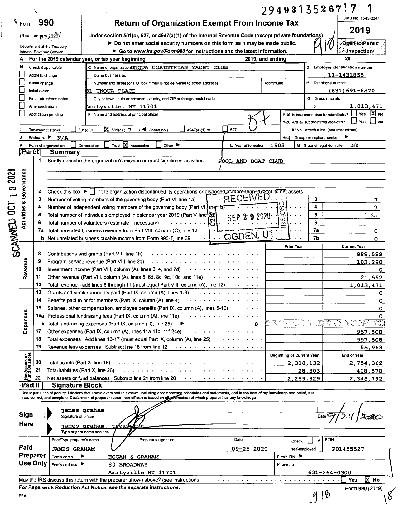 Image of first page of 2019 Form 990O for Unqua Corinthian Yacht Club