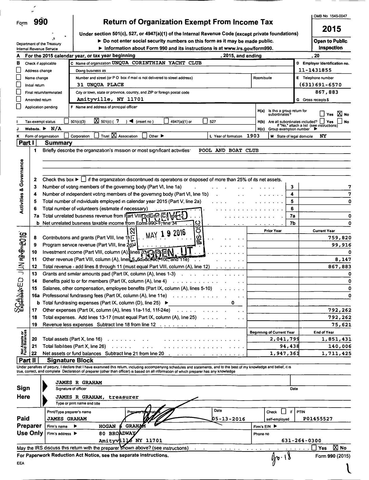 Image of first page of 2015 Form 990O for Unqua Corinthian Yacht Club