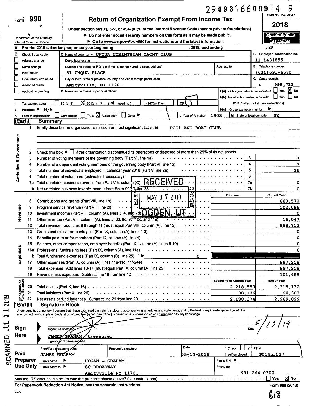 Image of first page of 2018 Form 990O for Unqua Corinthian Yacht Club