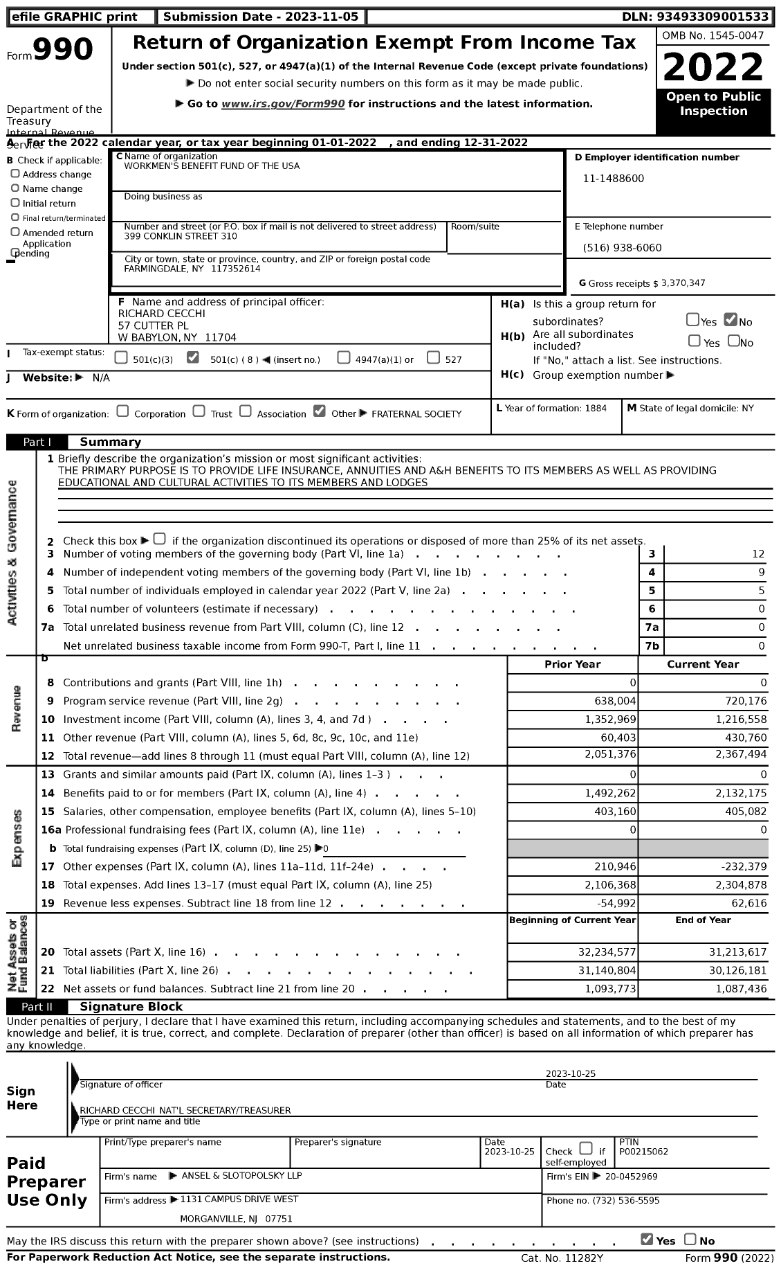 Image of first page of 2022 Form 990 for Workmen's Benefit Fund of the USA (WBF)