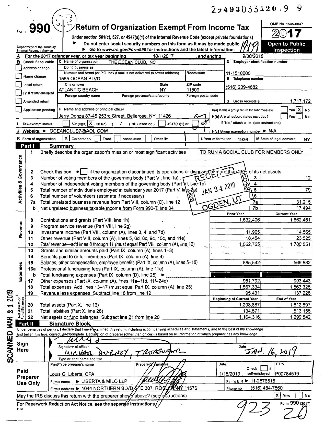 Image of first page of 2017 Form 990O for The Ocean Club