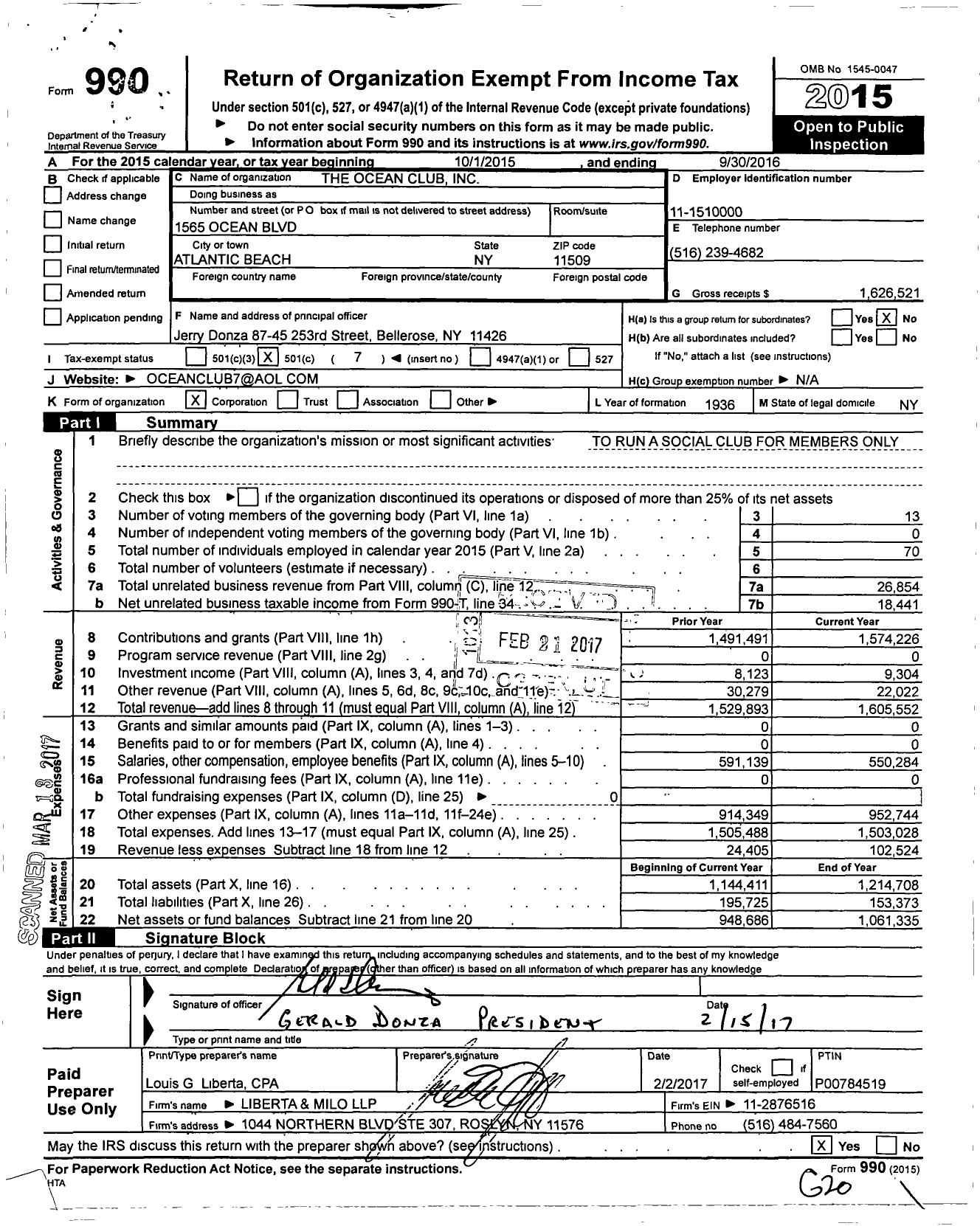 Image of first page of 2015 Form 990O for The Ocean Club