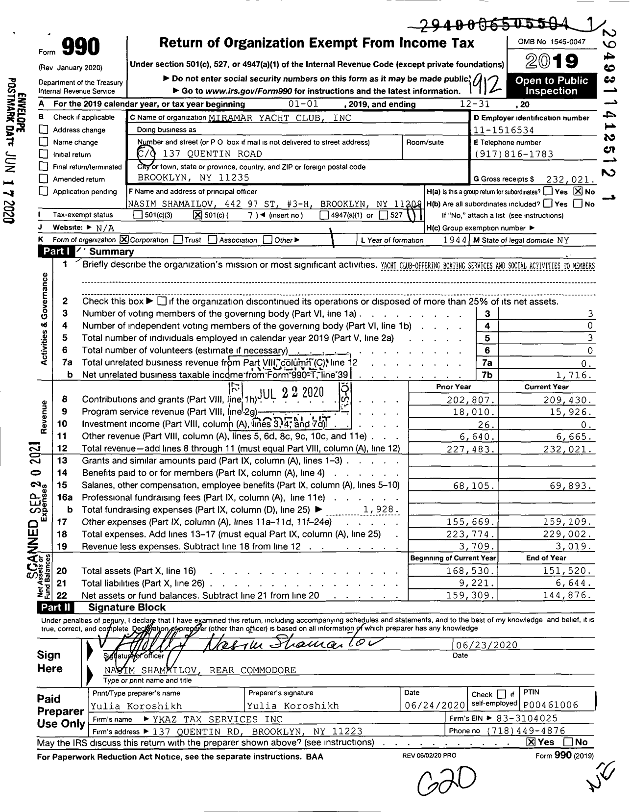 Image of first page of 2019 Form 990O for Miramar Yacht Club