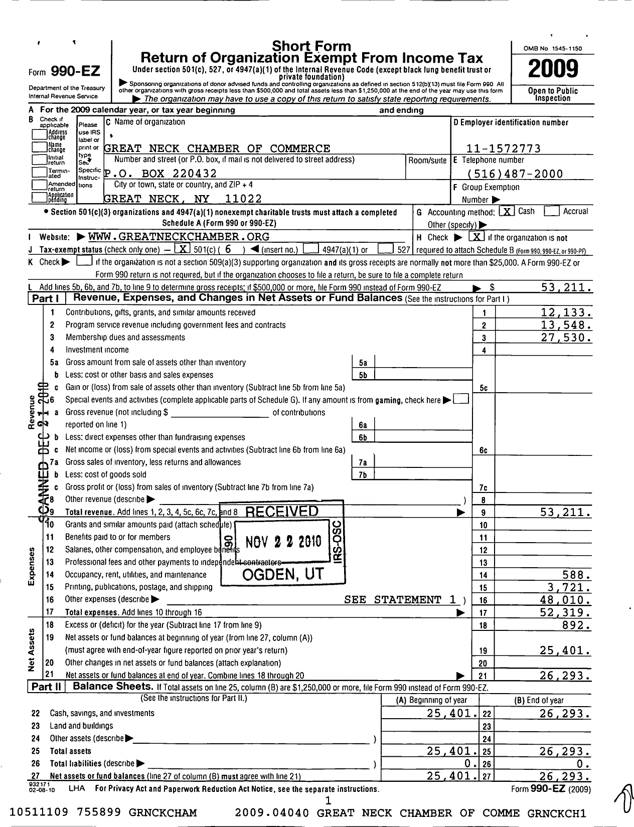 Image of first page of 2009 Form 990EO for Great Neck Chamber of Commerce