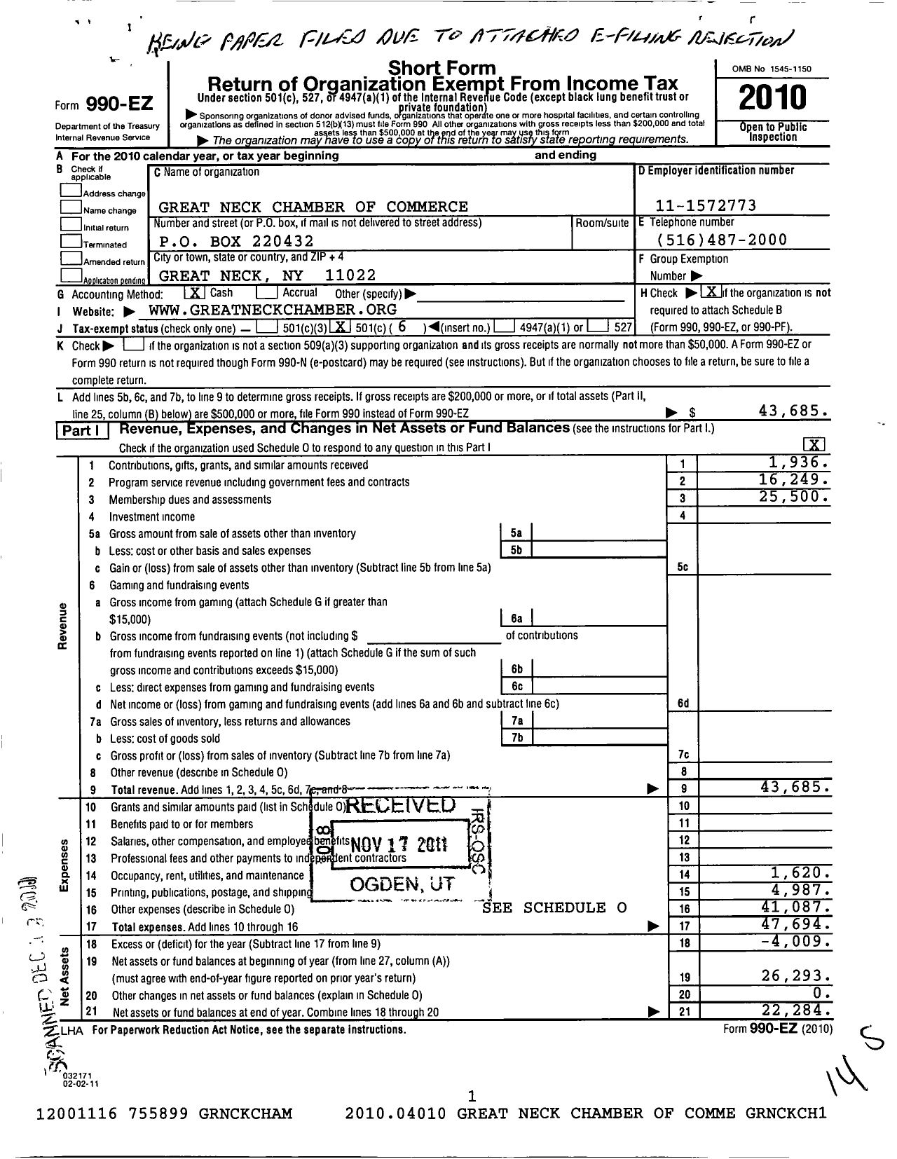 Image of first page of 2010 Form 990EO for Great Neck Chamber of Commerce