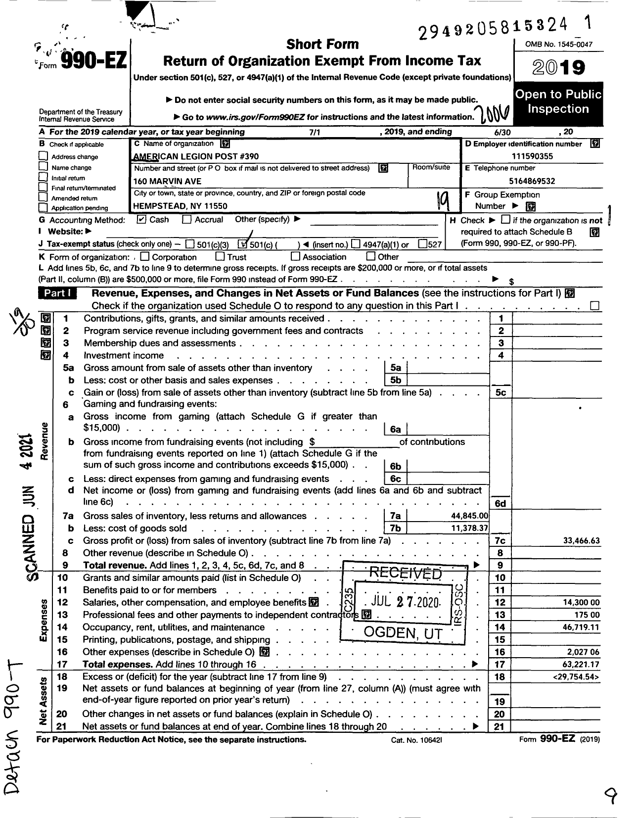 Image of first page of 2019 Form 990EO for AMERICAN LEGION - 0390 Hempstead