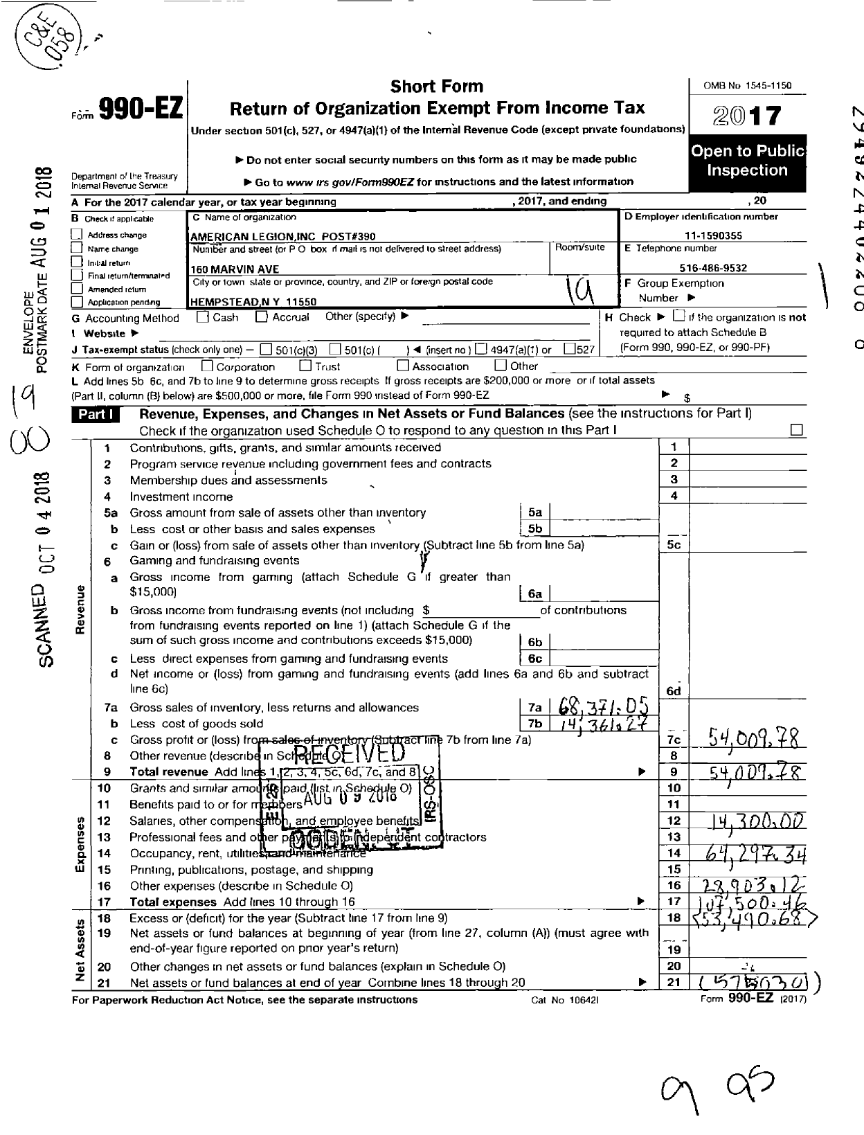 Image of first page of 2017 Form 990EO for AMERICAN LEGION - 0390 Hempstead