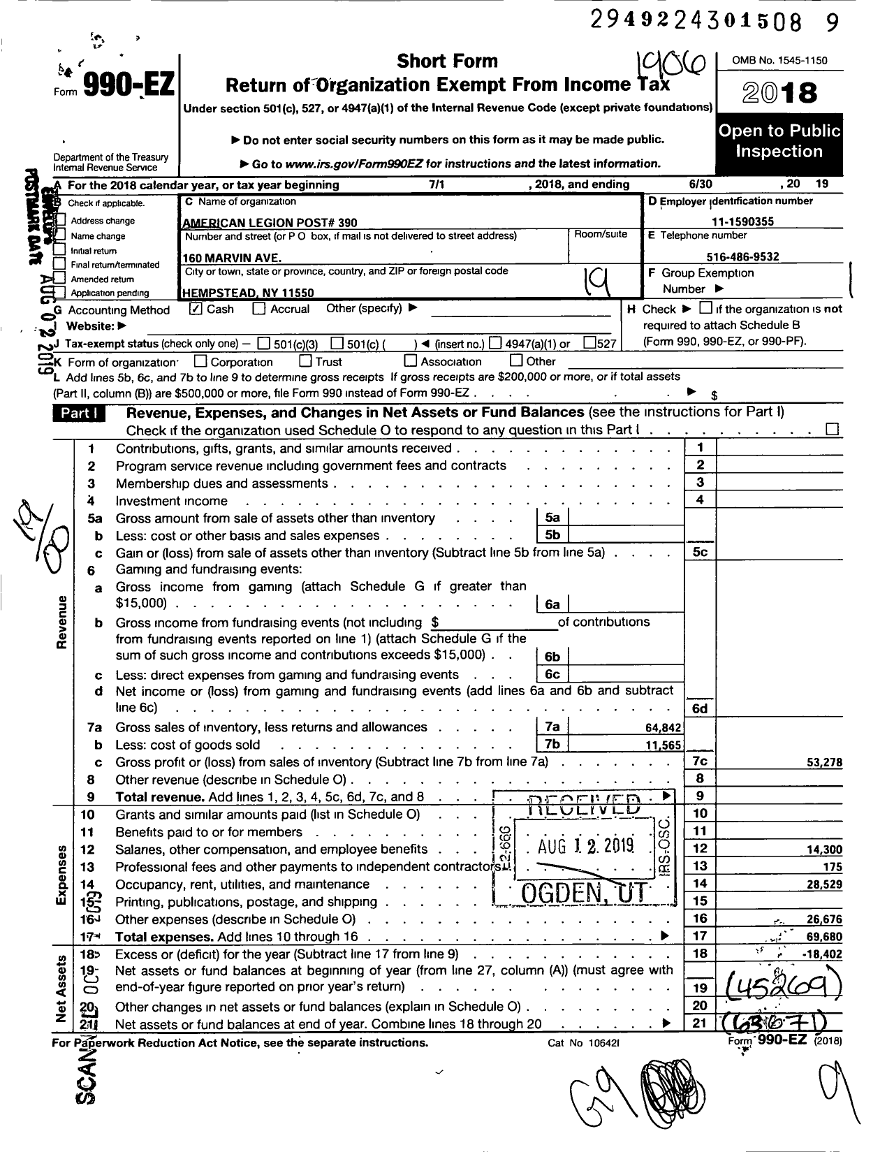 Image of first page of 2018 Form 990EO for AMERICAN LEGION - 0390 Hempstead