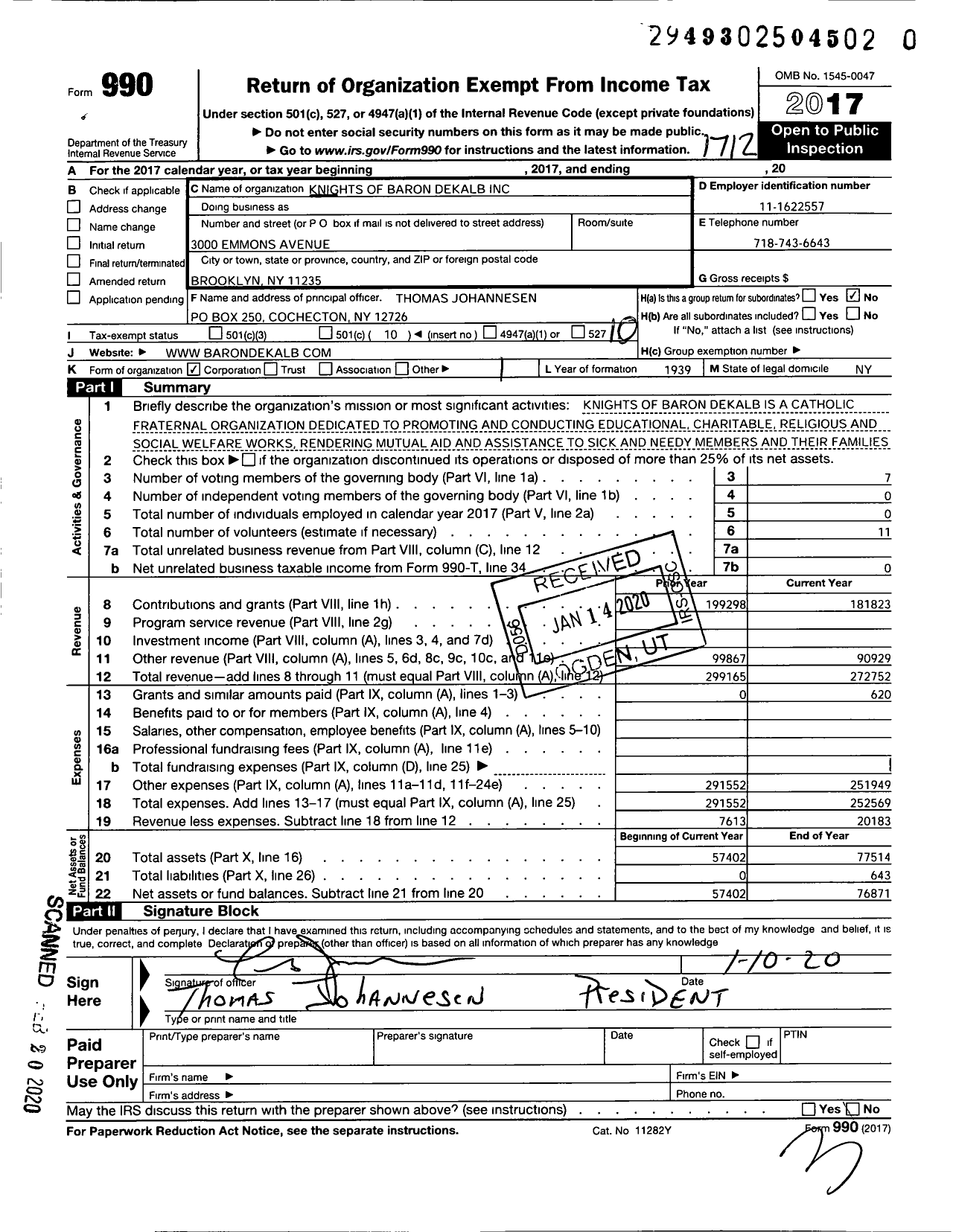 Image of first page of 2017 Form 990O for Knights of Baron Dekalb