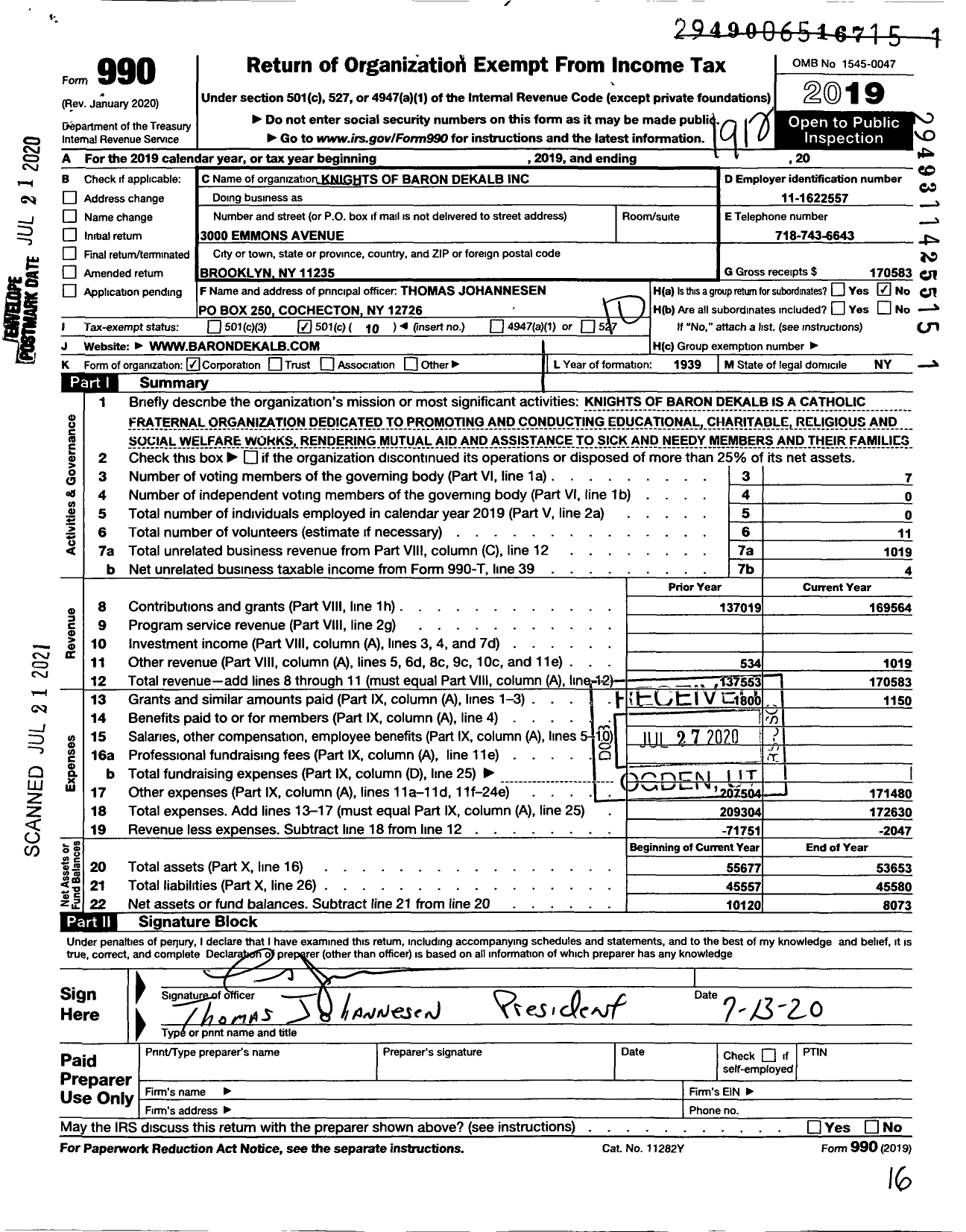 Image of first page of 2019 Form 990O for Knights of Baron Dekalb