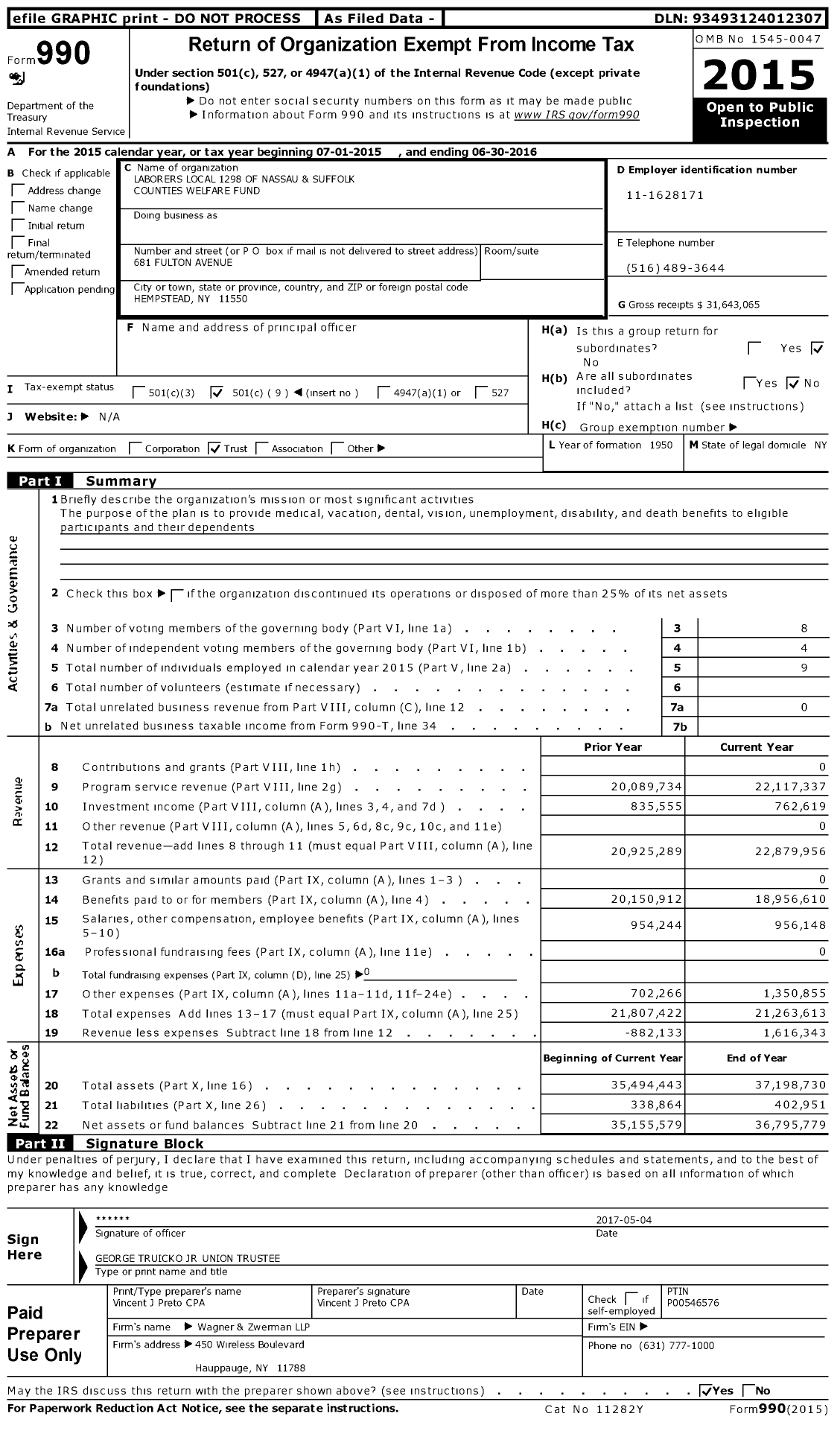 Image of first page of 2015 Form 990O for Laborers Union Local 1298 of Nassau and Suffolk Counties Welfare Fund