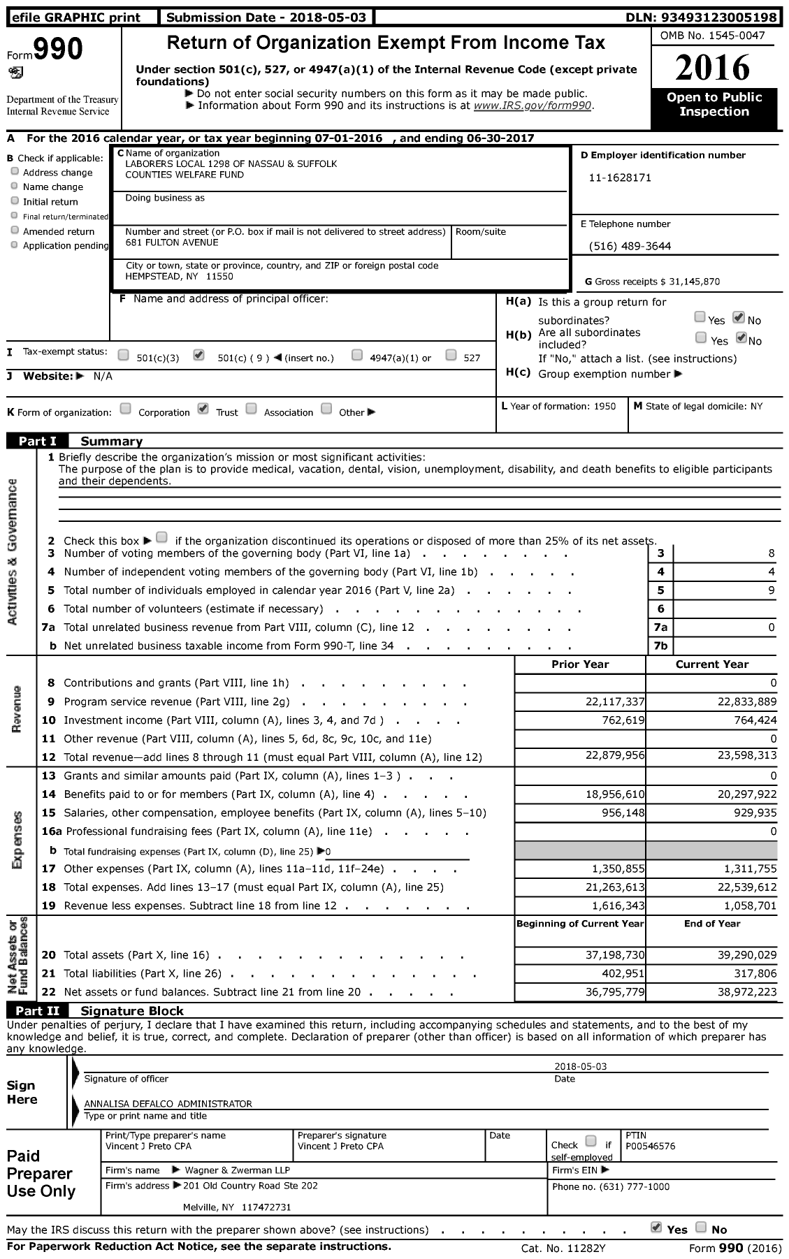 Image of first page of 2016 Form 990 for Laborers Union Local 1298 of Nassau and Suffolk Counties Welfare Fund