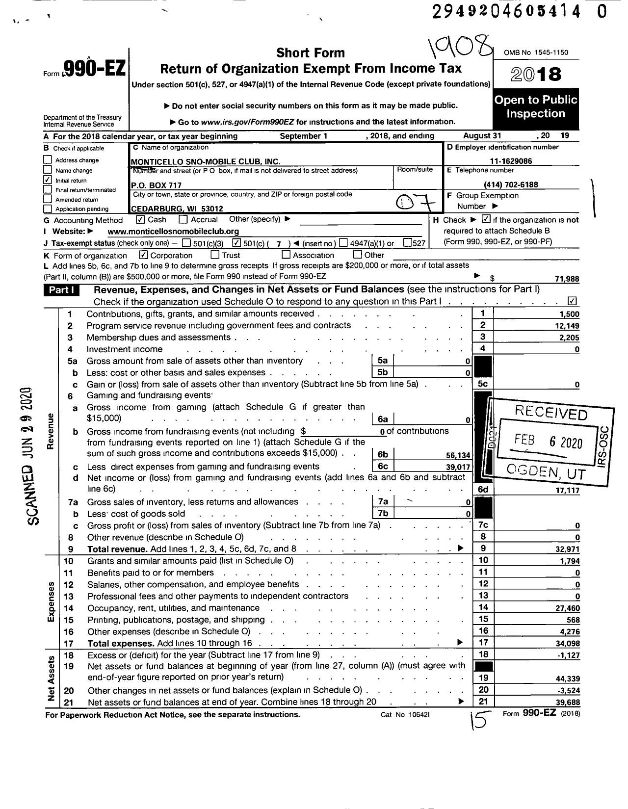 Image of first page of 2018 Form 990EO for Monticello Sno-Mobile Club