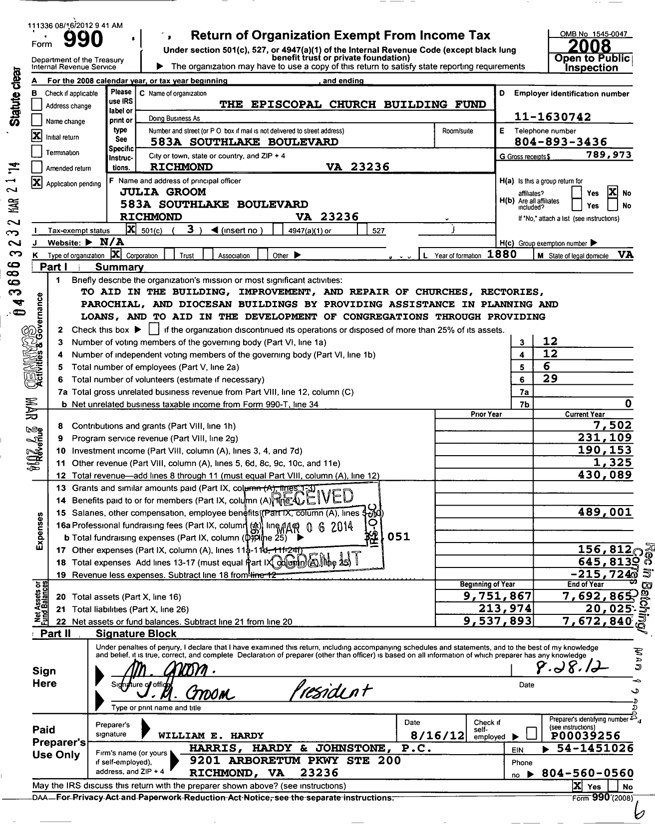 Image of first page of 2008 Form 990 for Episcopal Church Building Fund