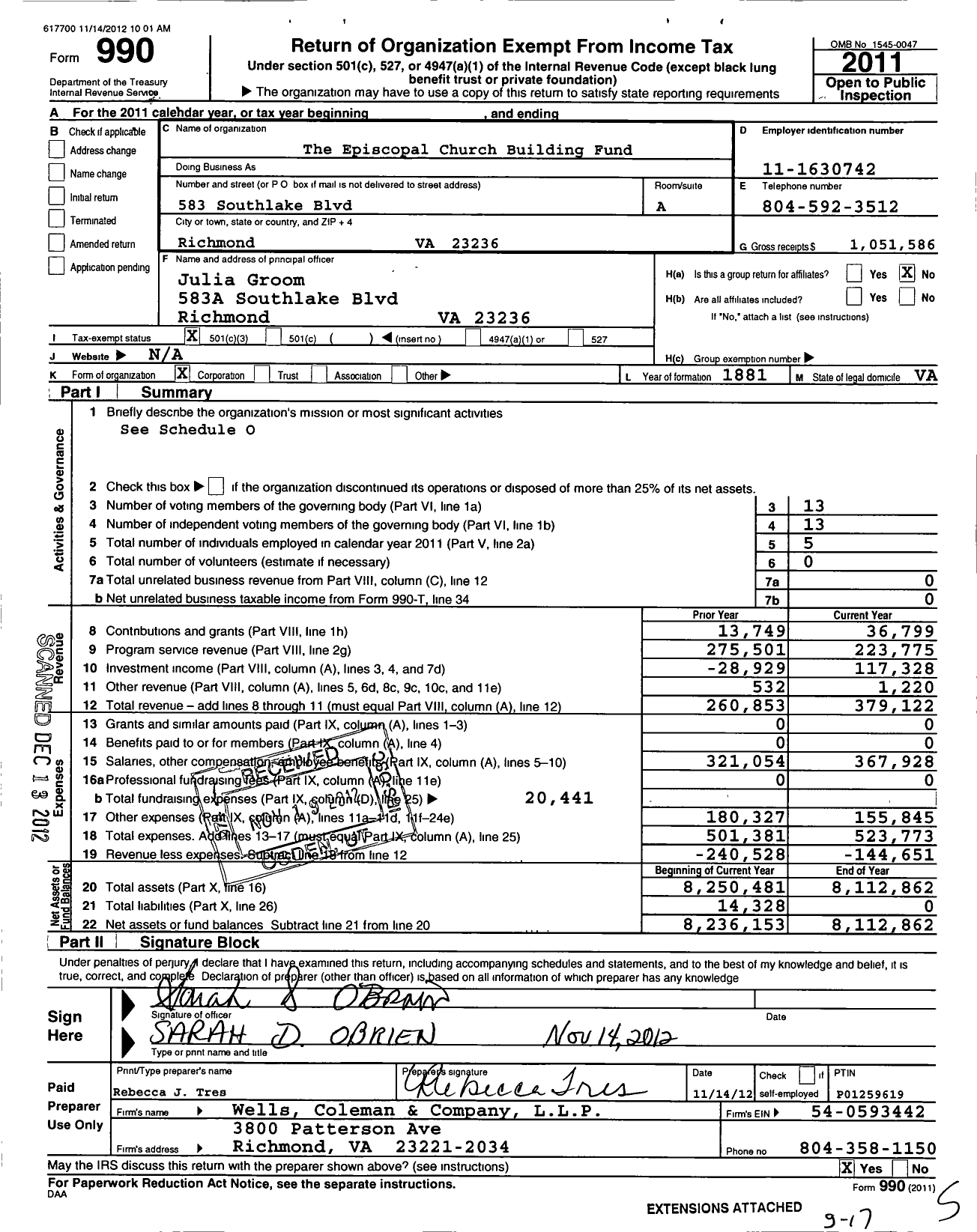 Image of first page of 2011 Form 990 for Episcopal Church Building Fund