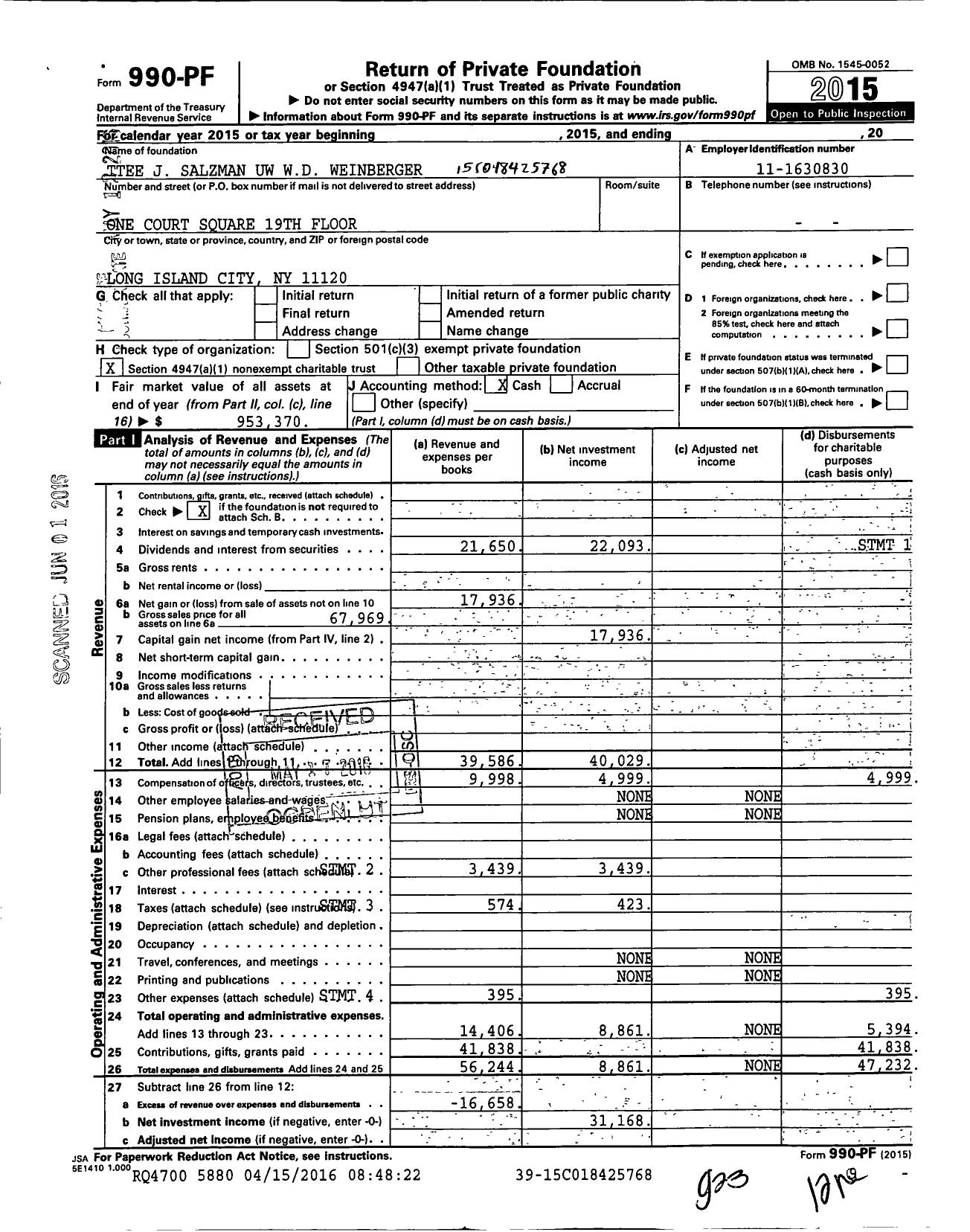 Image of first page of 2015 Form 990PF for Saint Johns University (SJU)
