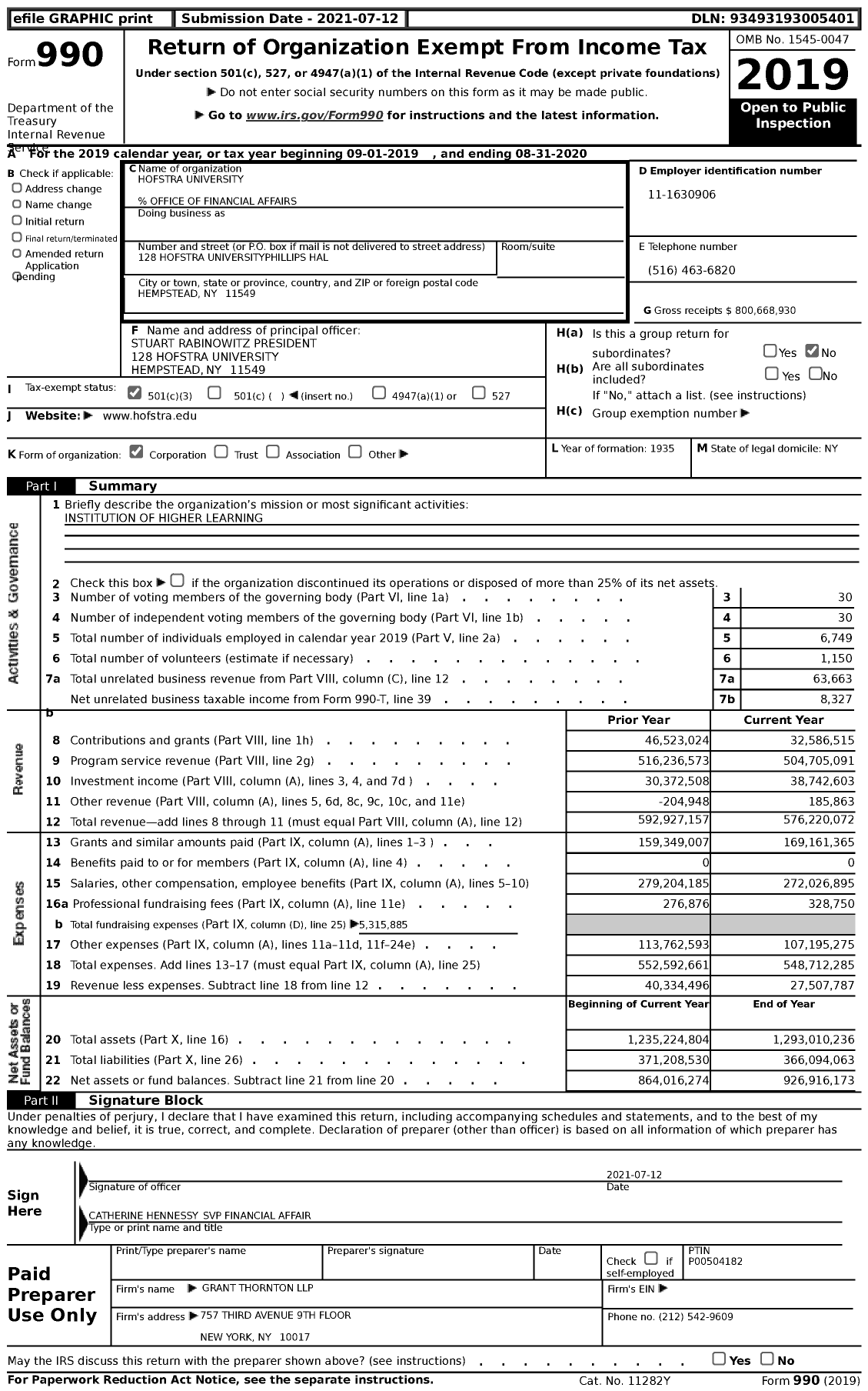 Image of first page of 2019 Form 990 for Hofstra University