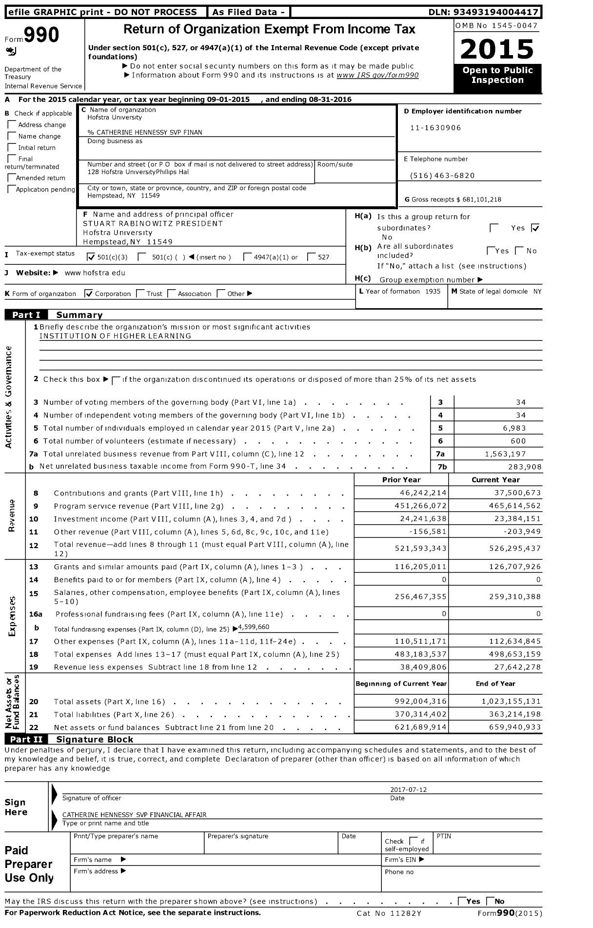 Image of first page of 2015 Form 990 for Hofstra University