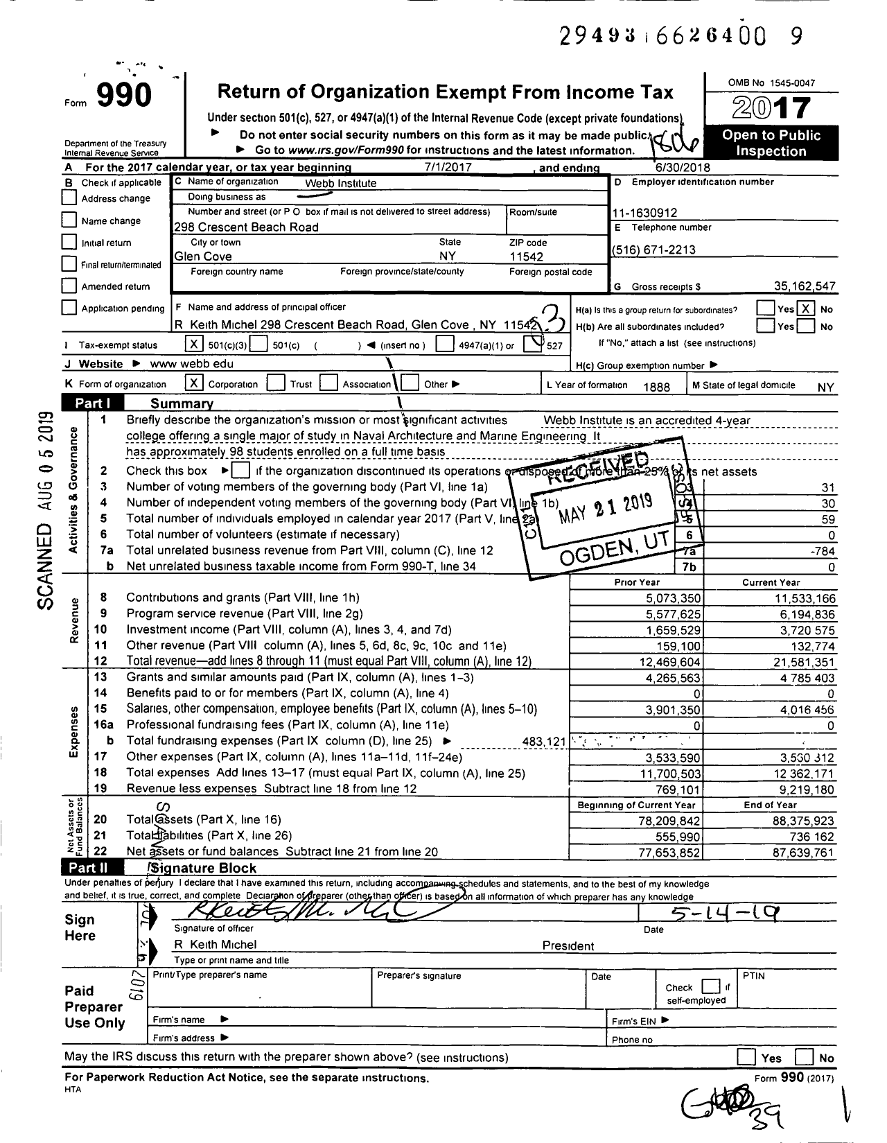 Image of first page of 2017 Form 990 for Webb Institute