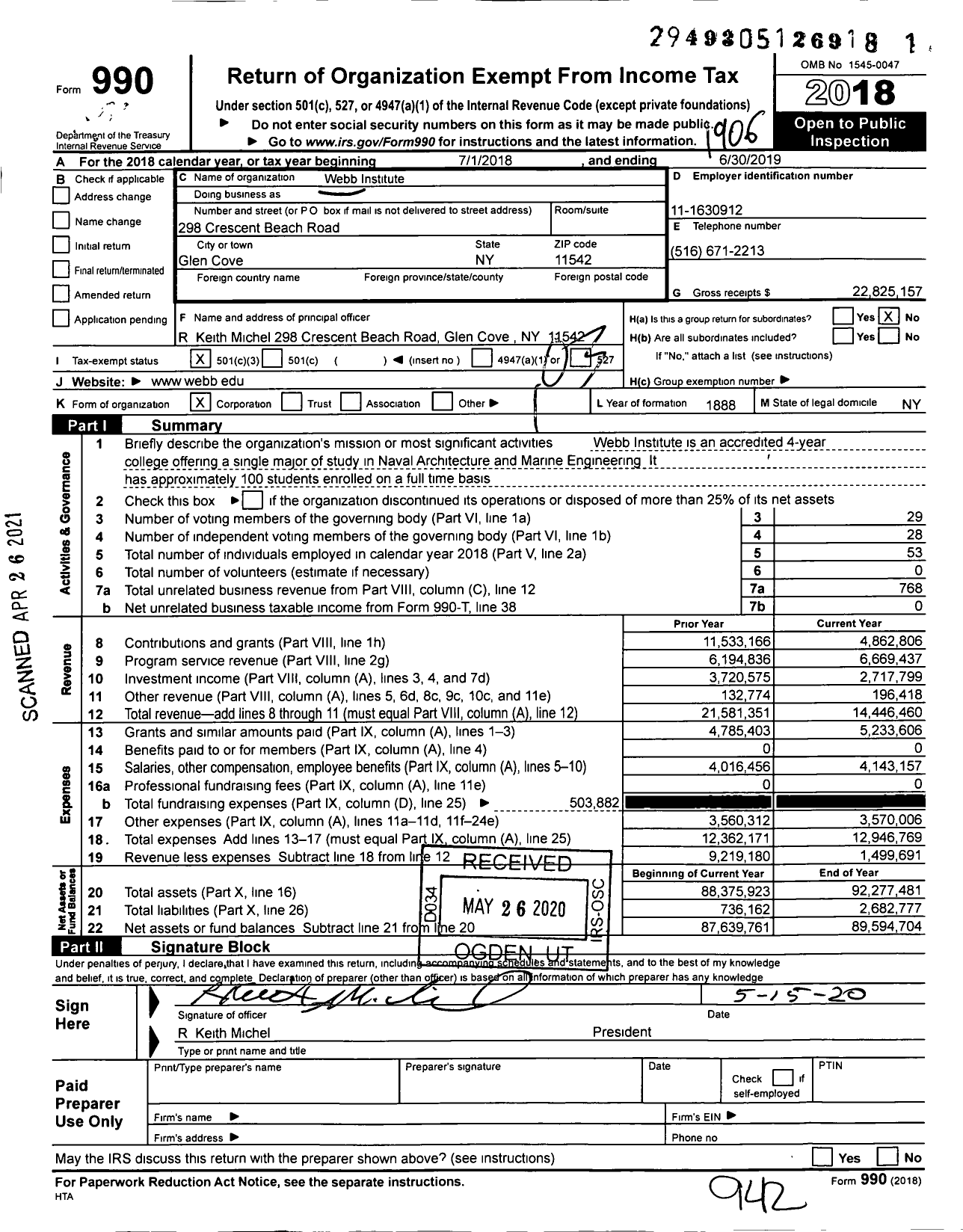 Image of first page of 2018 Form 990 for Webb Institute