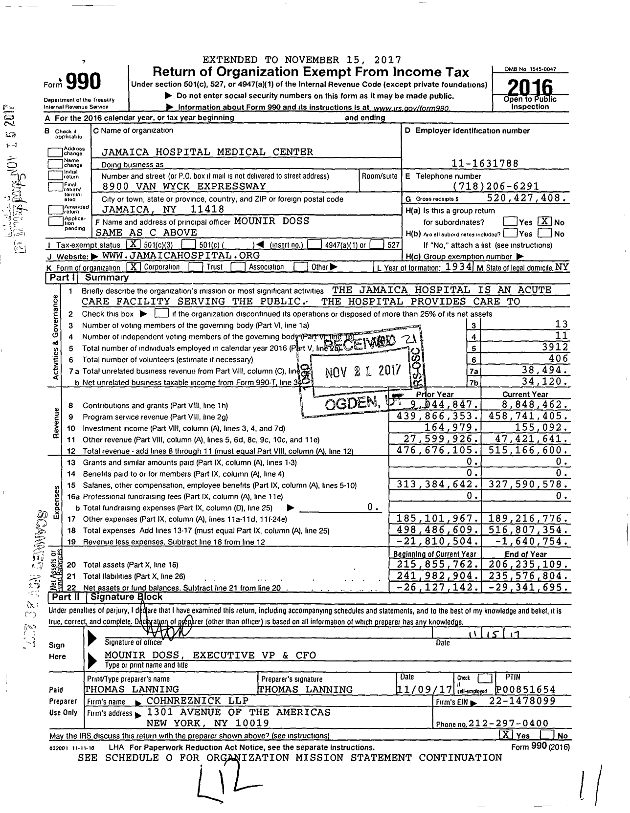 Image of first page of 2016 Form 990 for Jamaica Hospital Medical Center (JHMC)