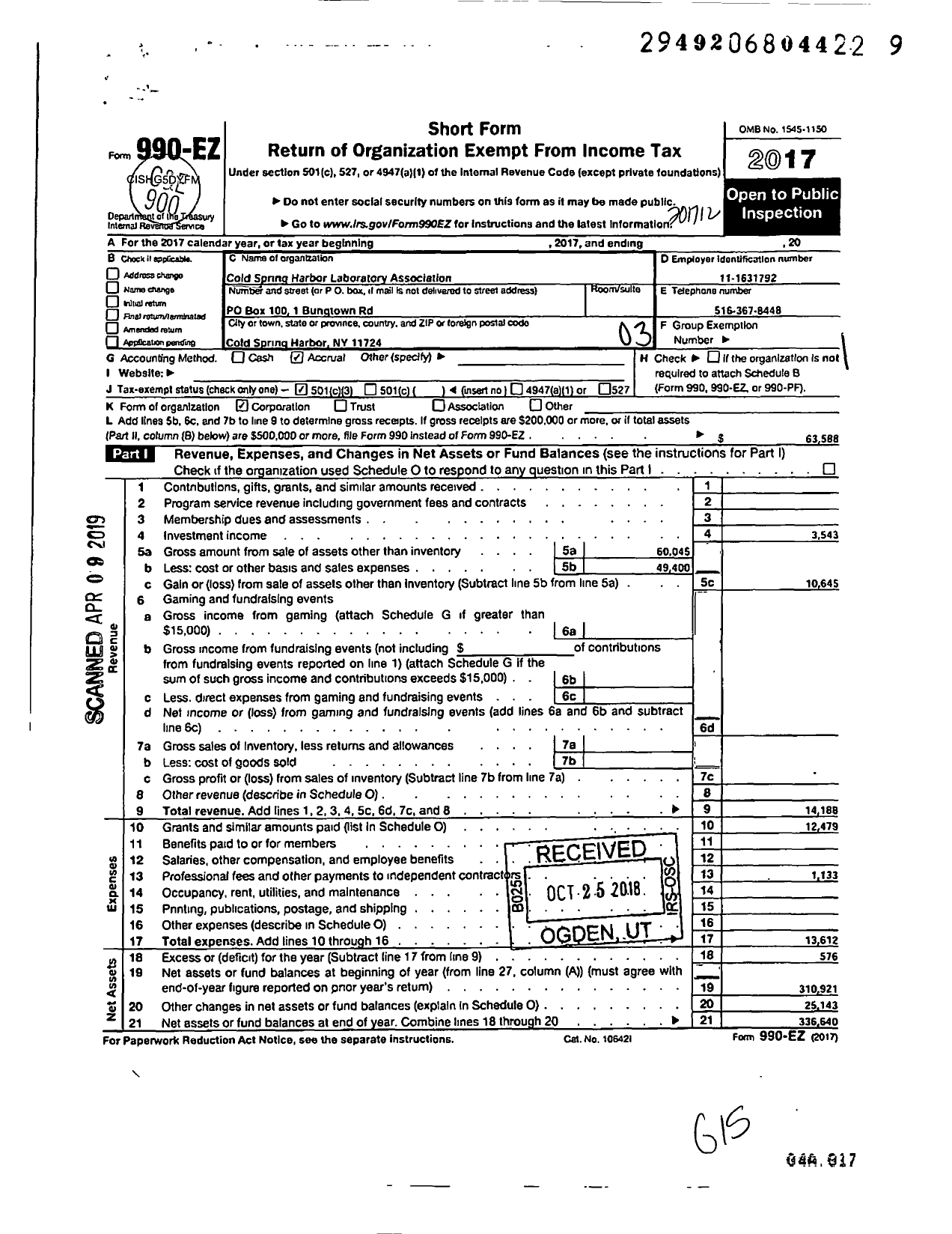 Image of first page of 2017 Form 990EZ for Cold Spring Harbor Laboratory Association