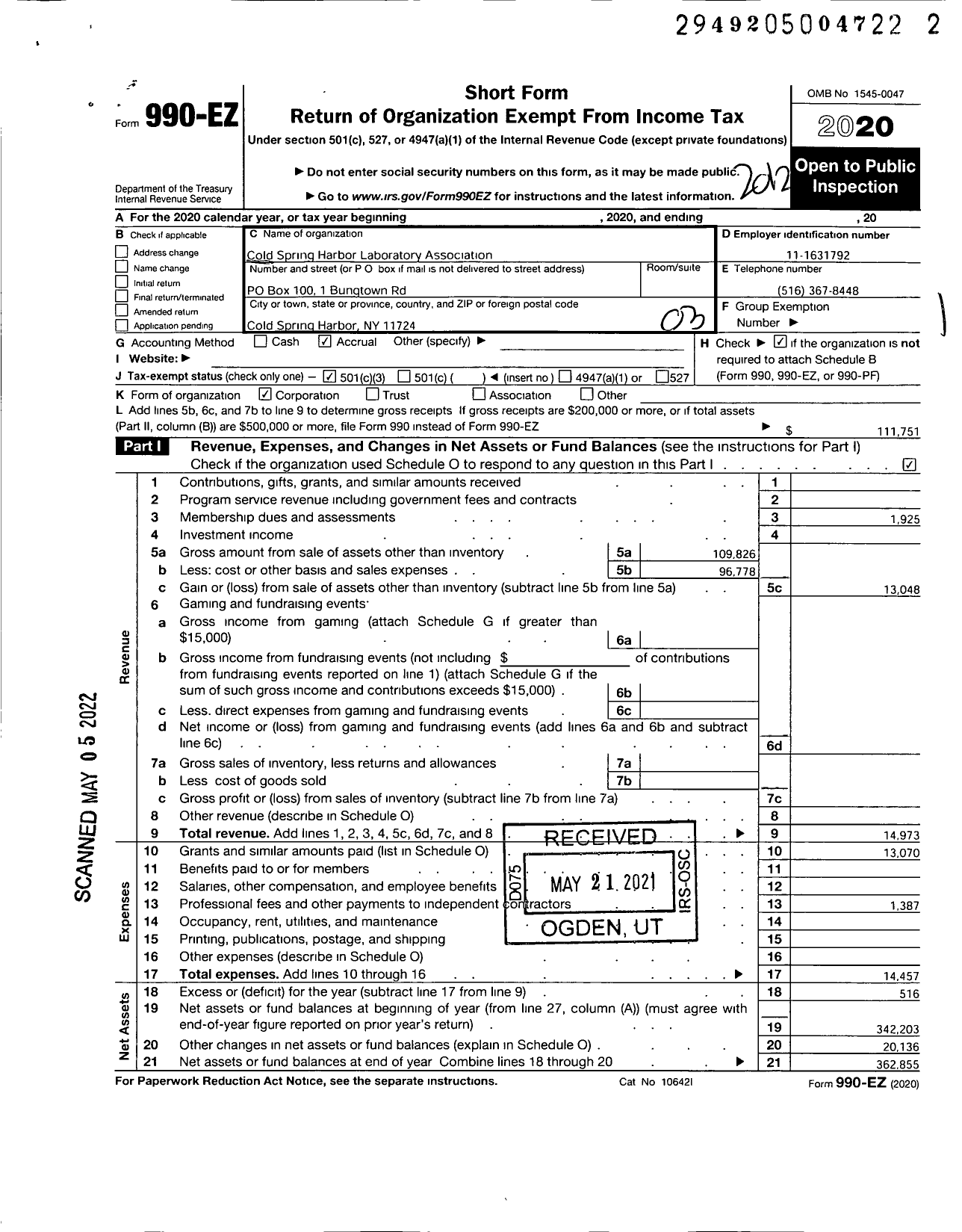 Image of first page of 2020 Form 990EZ for Cold Spring Harbor Laboratory Association