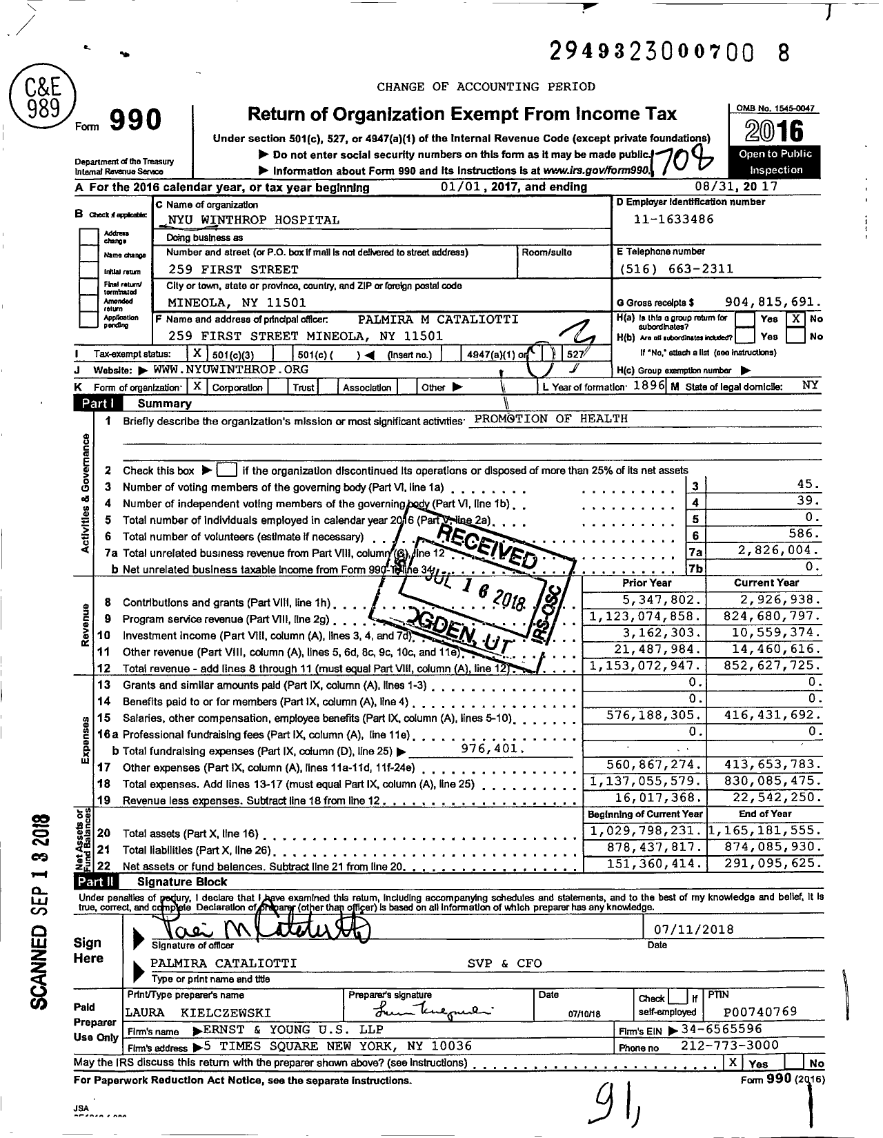 Image of first page of 2016 Form 990 for NYU Winthrop Hospital
