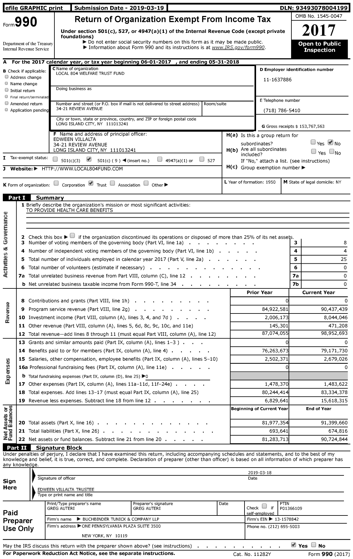 Image of first page of 2017 Form 990 for Welfare Trust Fund Local 804