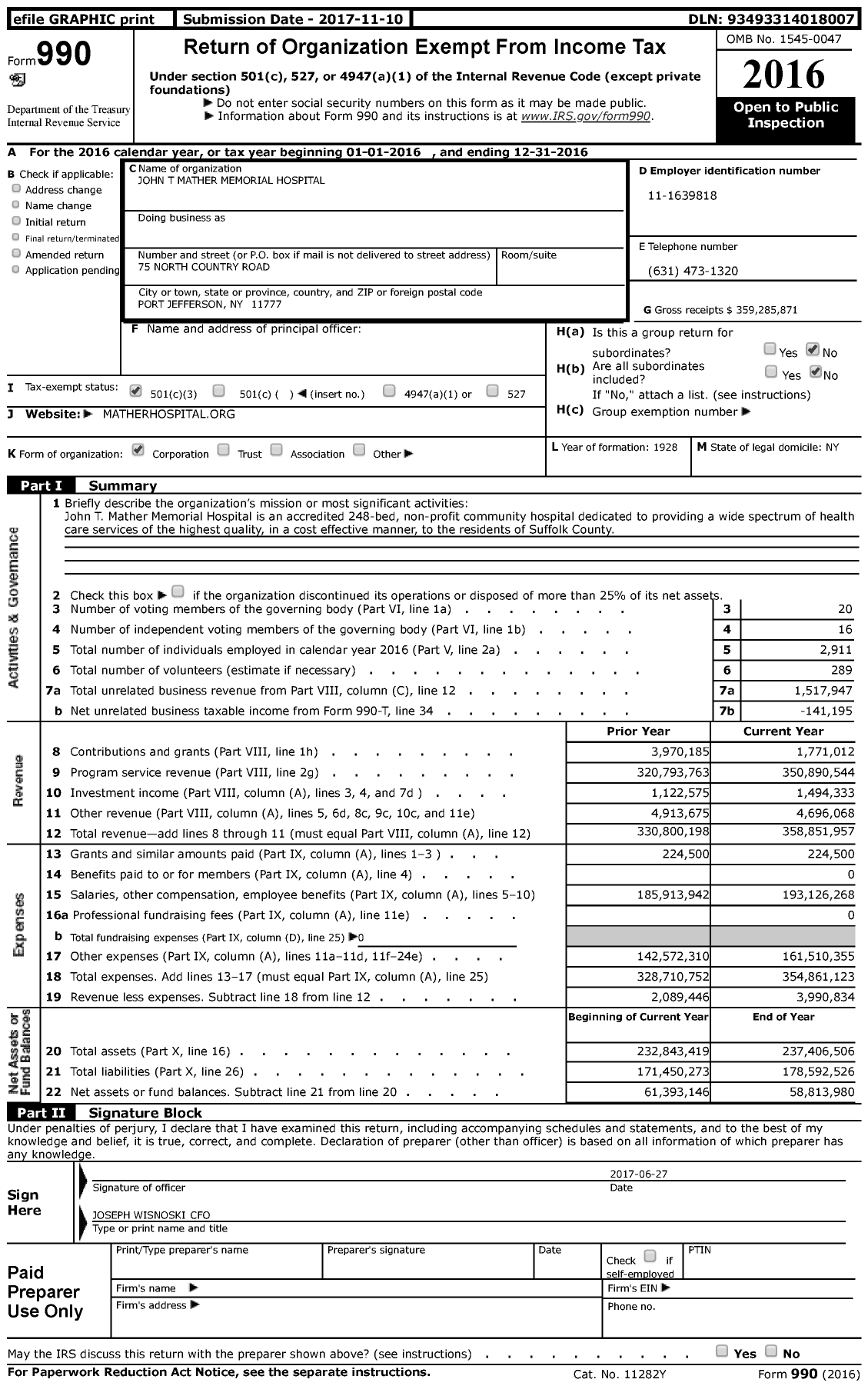 Image of first page of 2016 Form 990 for John T Mather Memorial Hospital