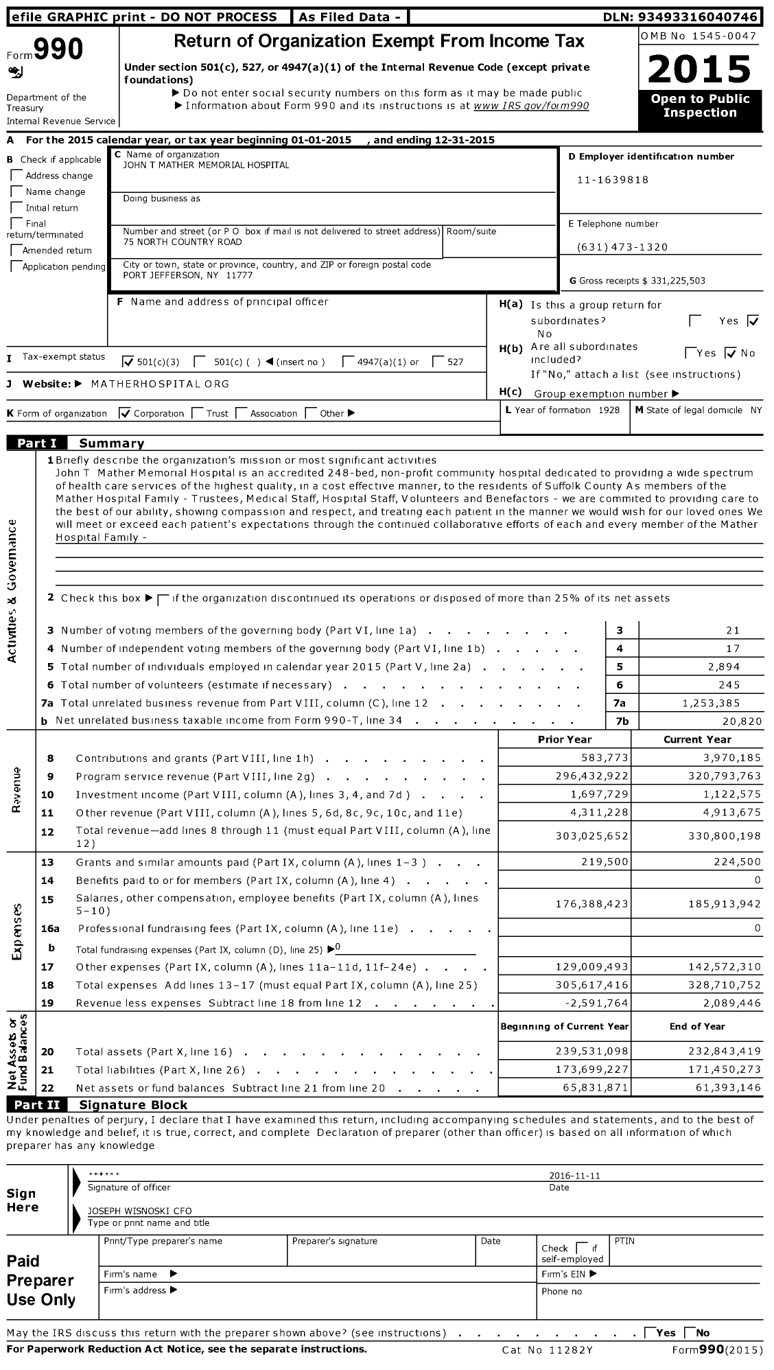Image of first page of 2015 Form 990 for John T Mather Memorial Hospital