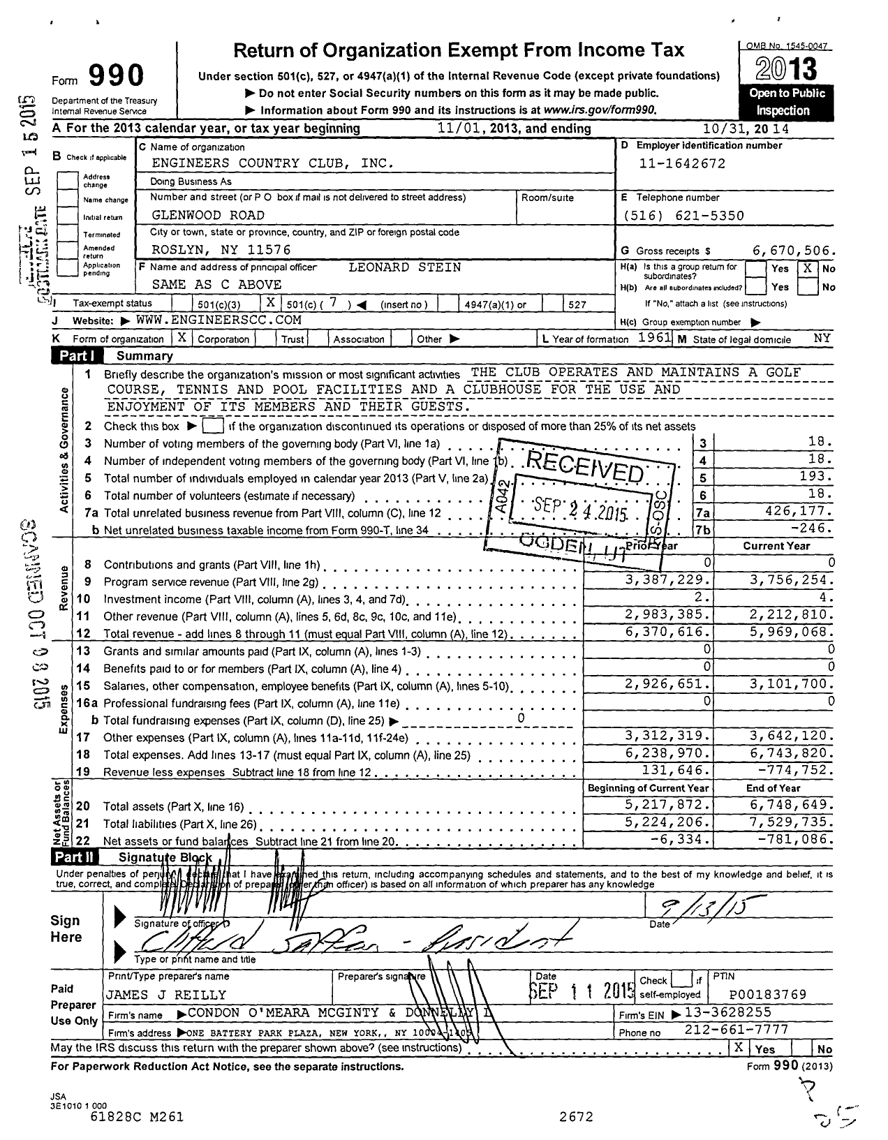 Image of first page of 2013 Form 990O for Engineers Country Club