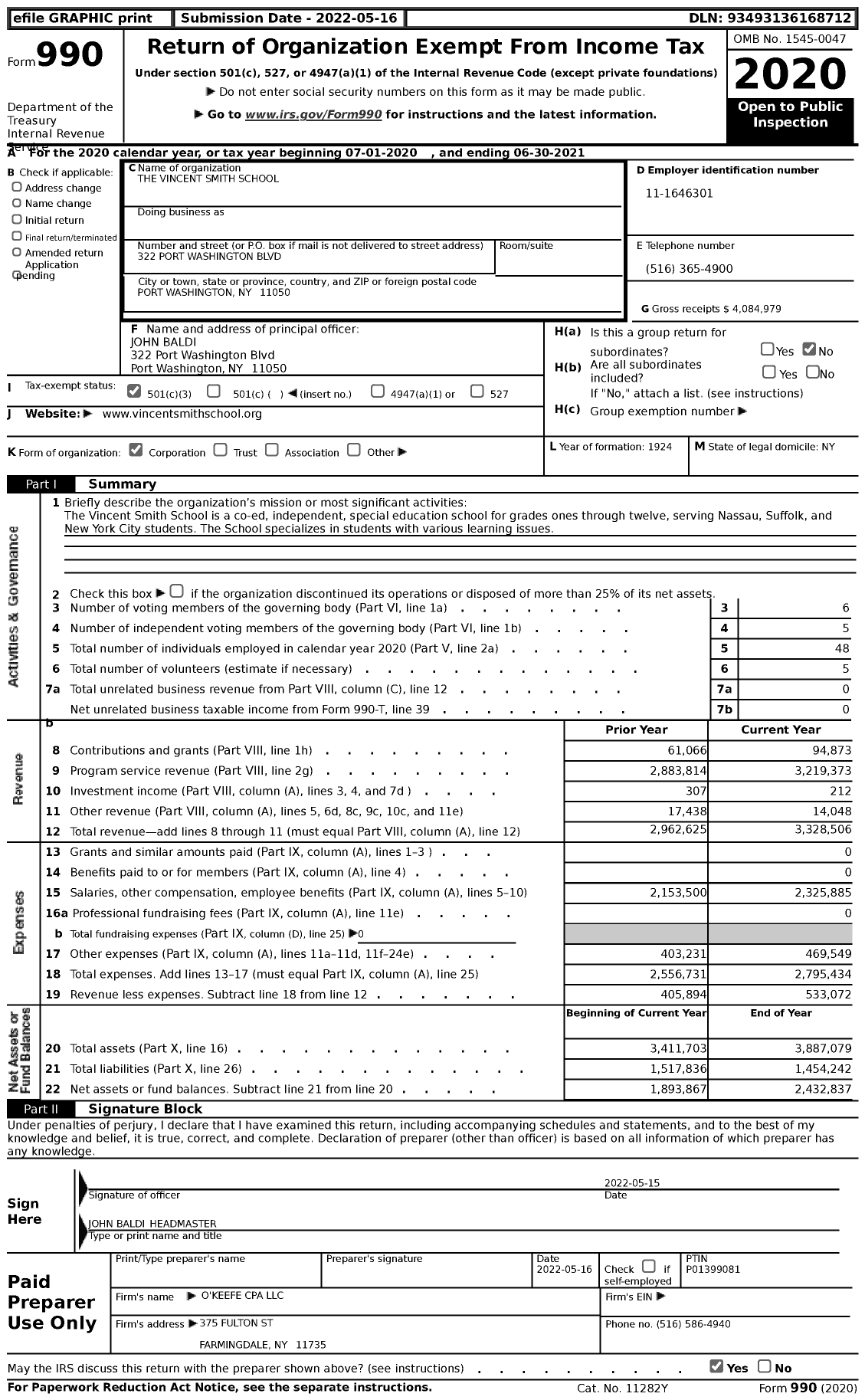 Image of first page of 2020 Form 990 for The Vincent Smith School