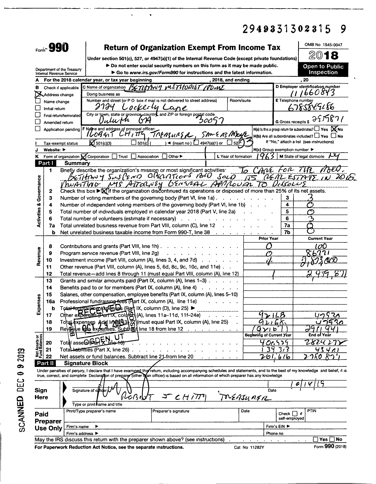 Image of first page of 2018 Form 990 for Bethany Methodist Home