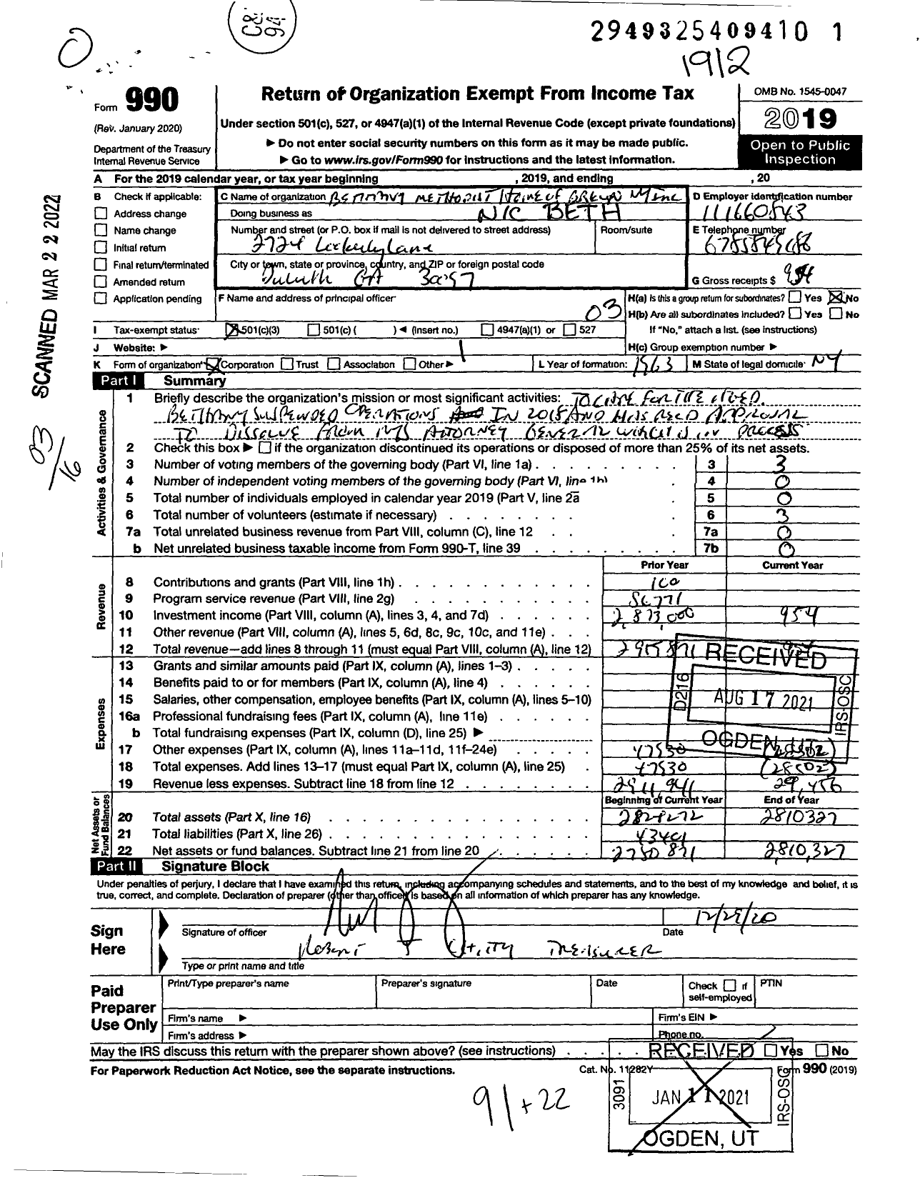 Image of first page of 2019 Form 990 for Bethany Methodist Home