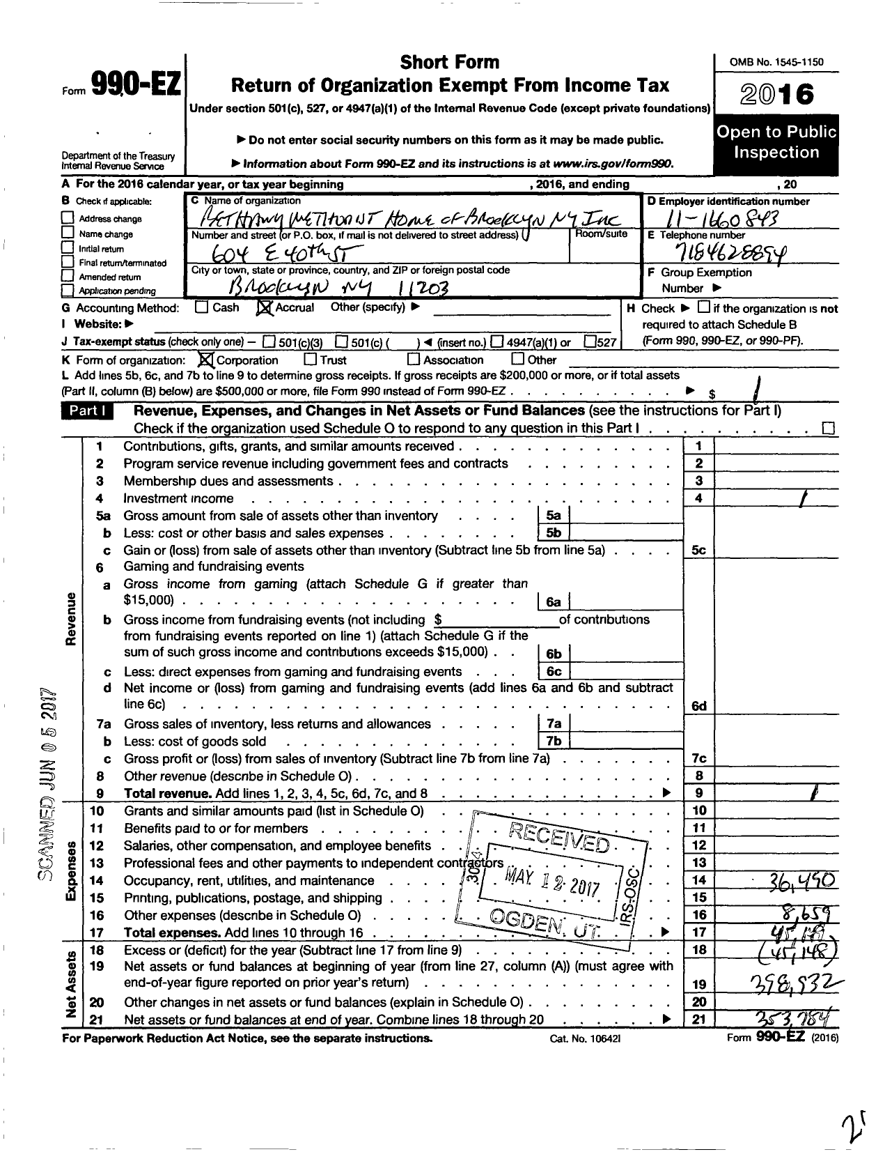 Image of first page of 2016 Form 990EO for Bethany Methodist Home