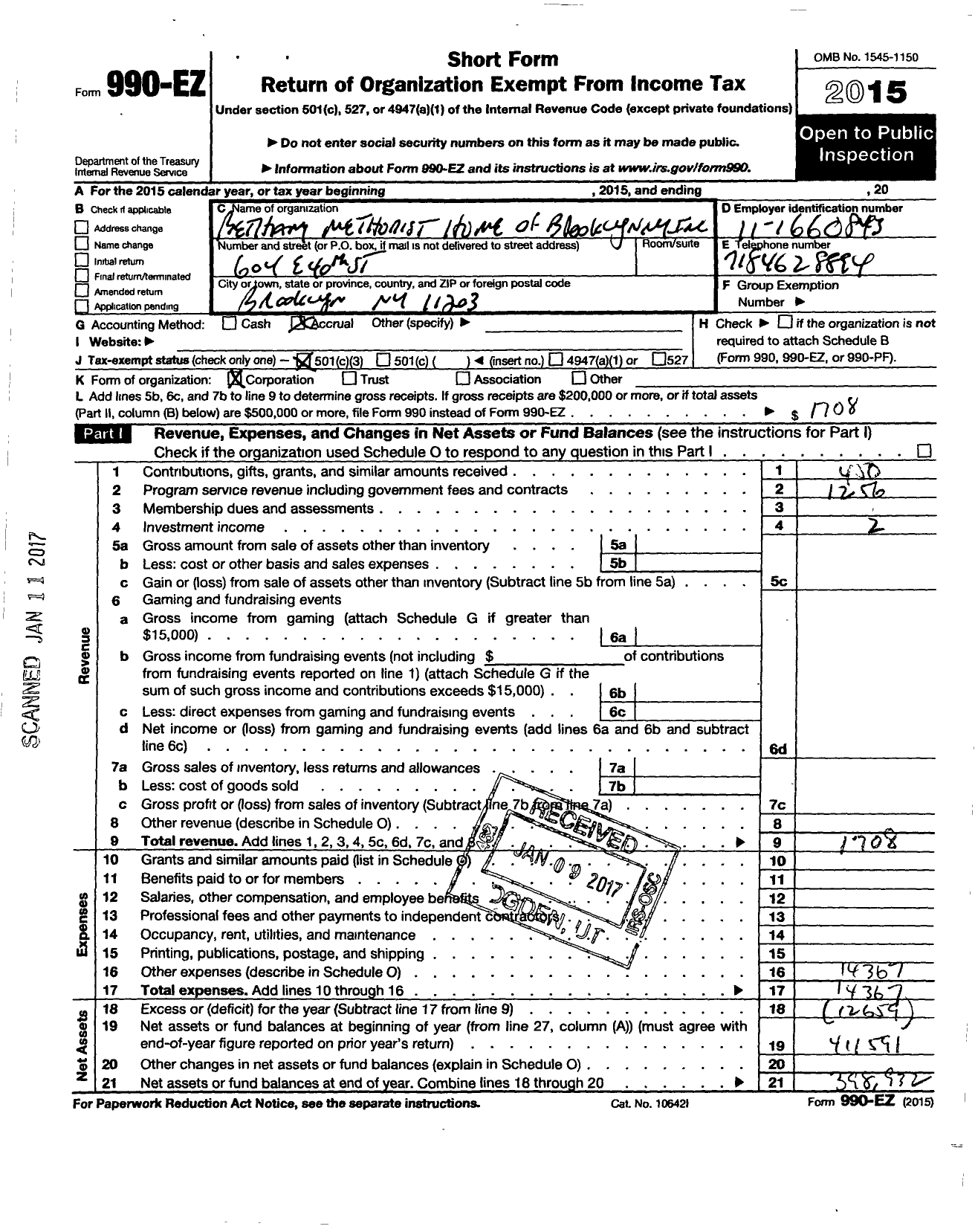 Image of first page of 2015 Form 990EZ for Bethany Methodist Home