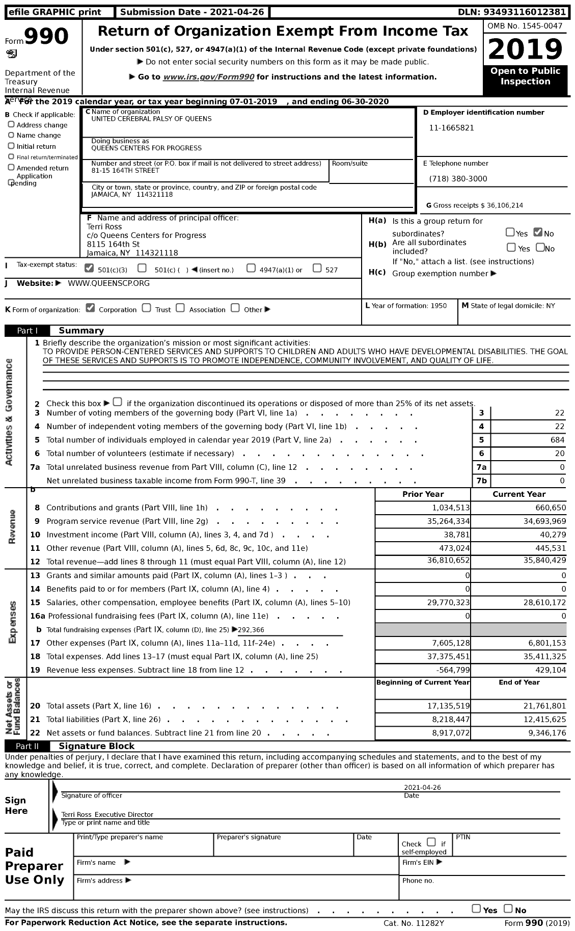 Image of first page of 2019 Form 990 for Queens Centers FOR PROGRESS (QCP)