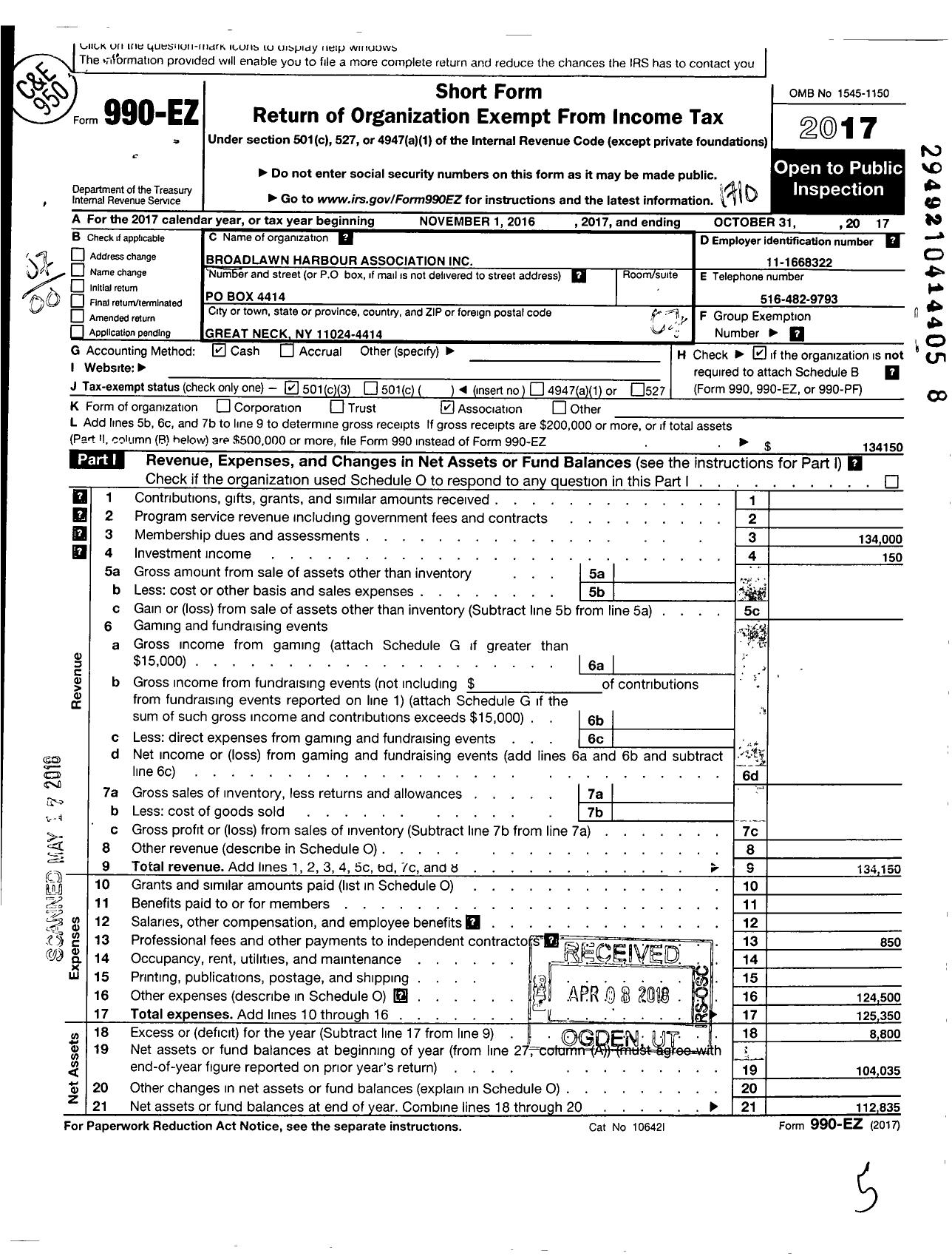 Image of first page of 2016 Form 990EO for Broadlawn Harbour Association