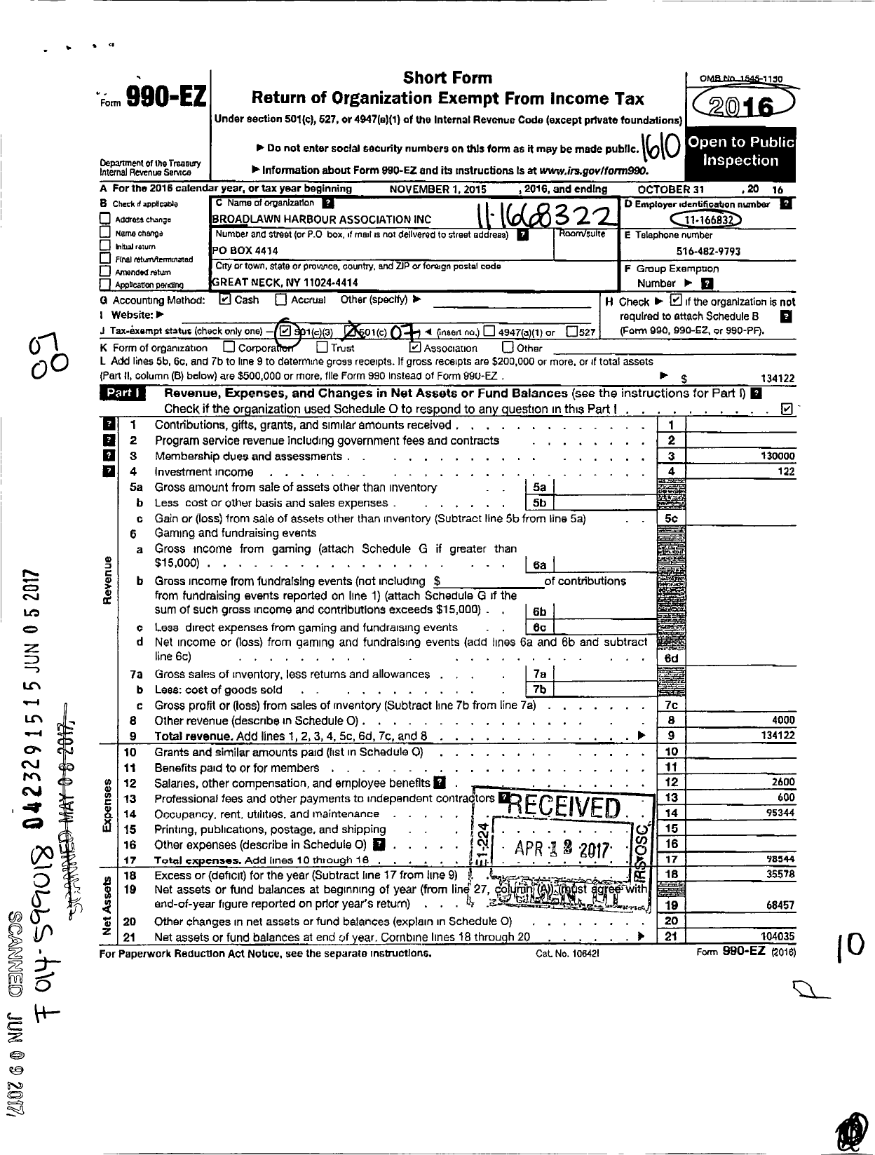 Image of first page of 2015 Form 990EO for Broadlawn Harbour Association