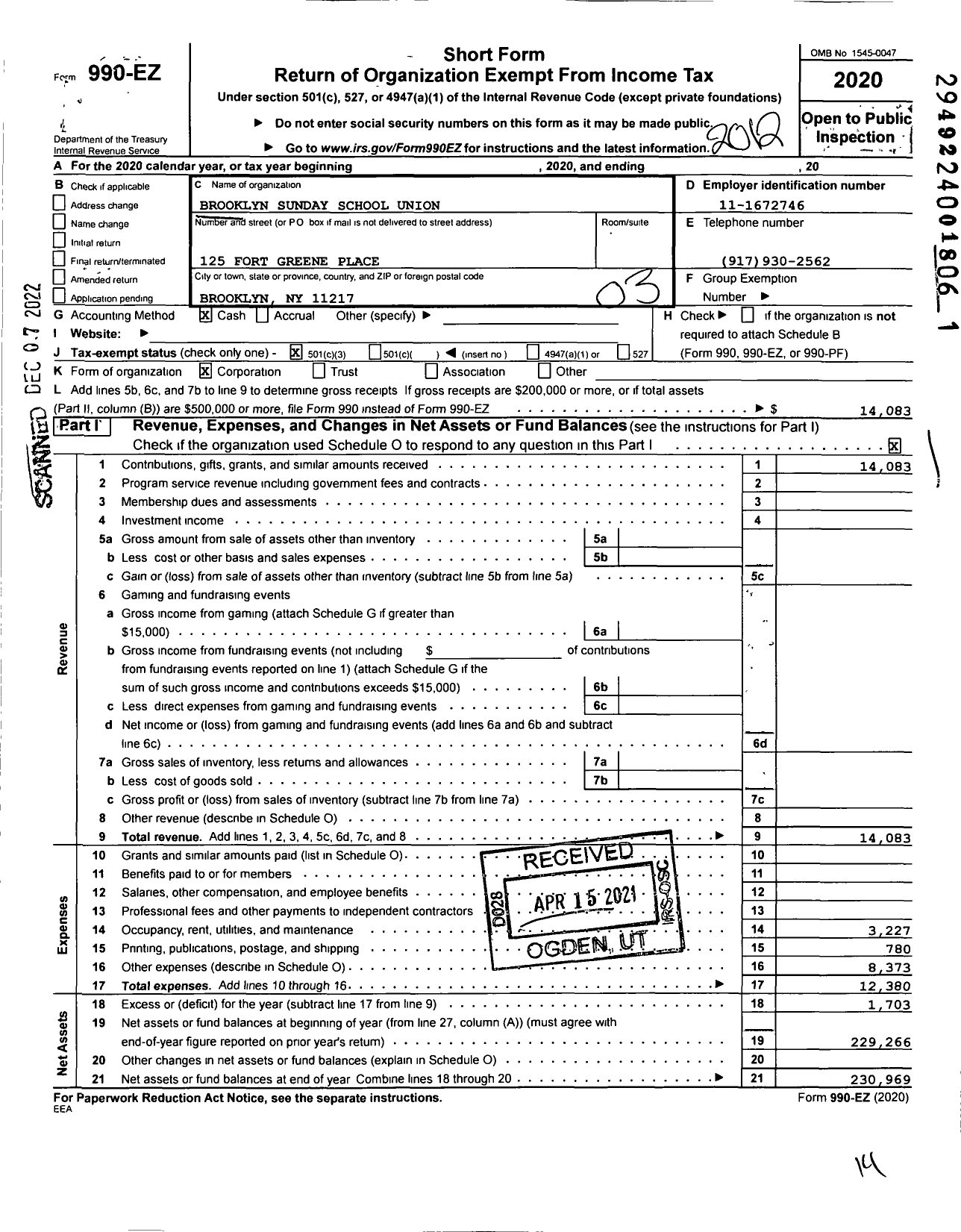 Image of first page of 2020 Form 990EZ for Brooklyn Sunday School Union